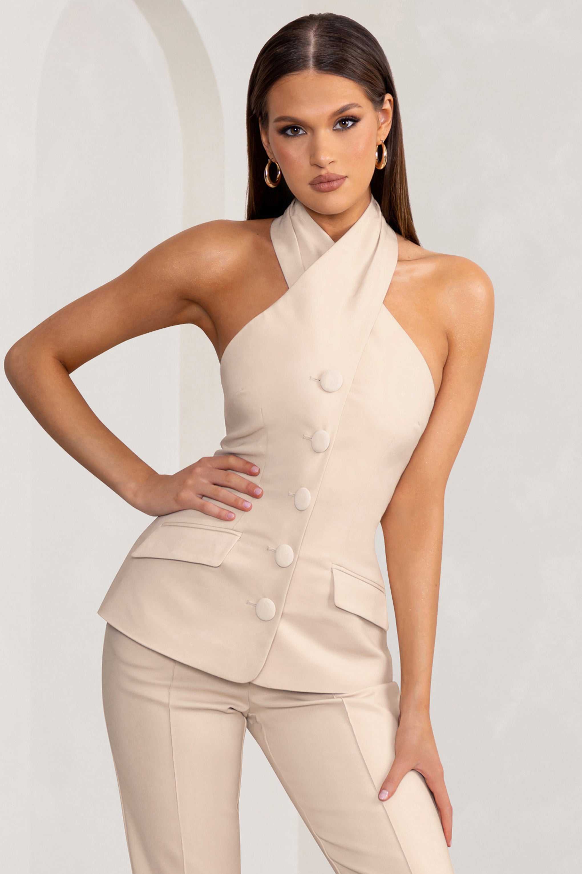 Seraphine London™ | Stone Tailored Sleeveless Blazer Top