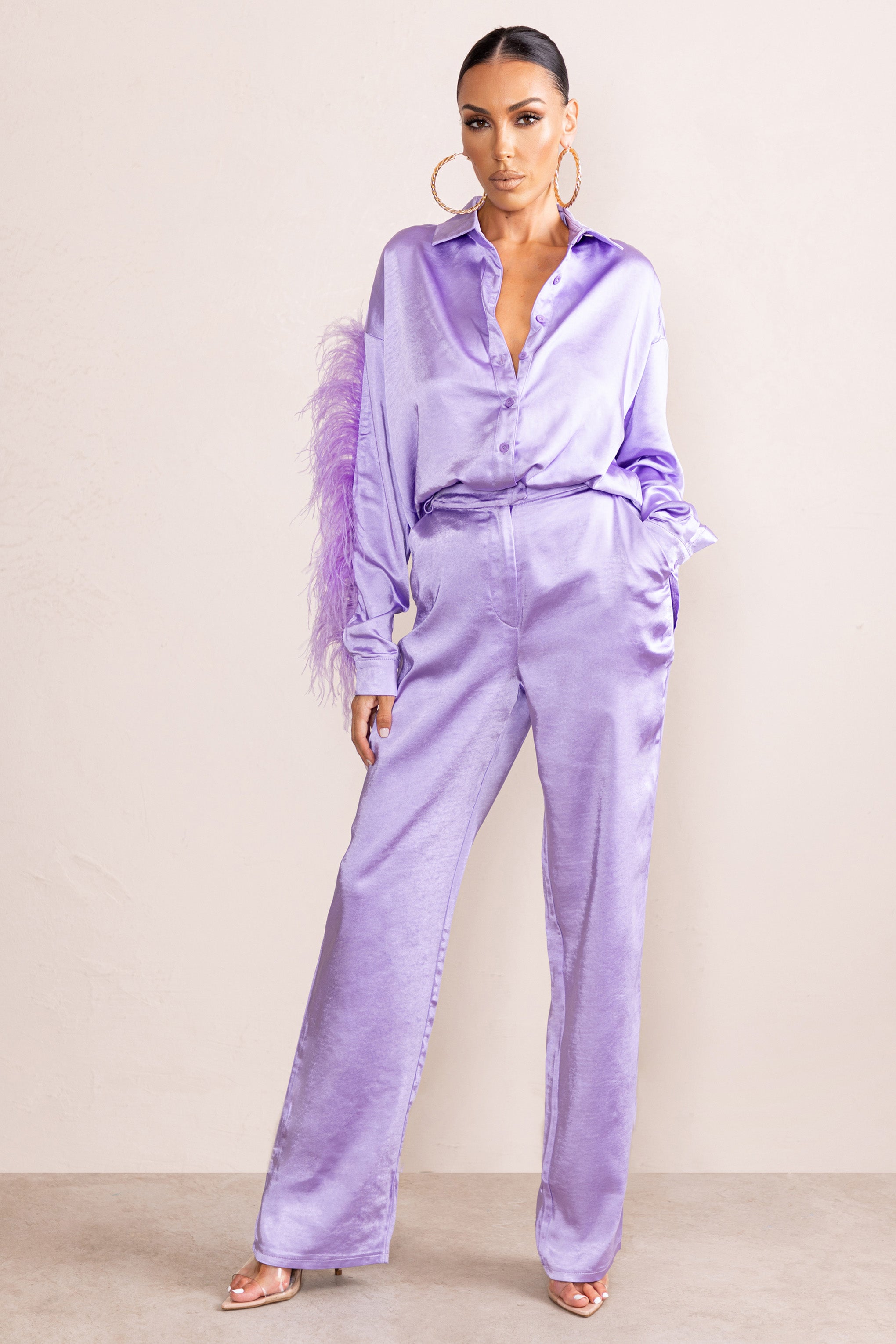 Seraphine London™ | Lilac Satin Wide Leg Trousers