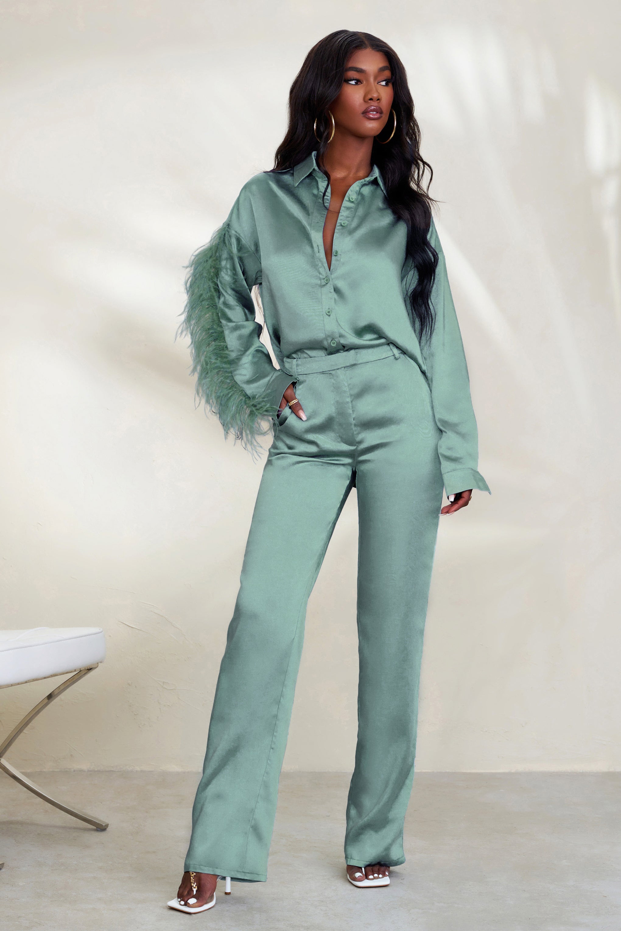 Seraphine London™ | Sage Green Satin Wide Leg Trousers