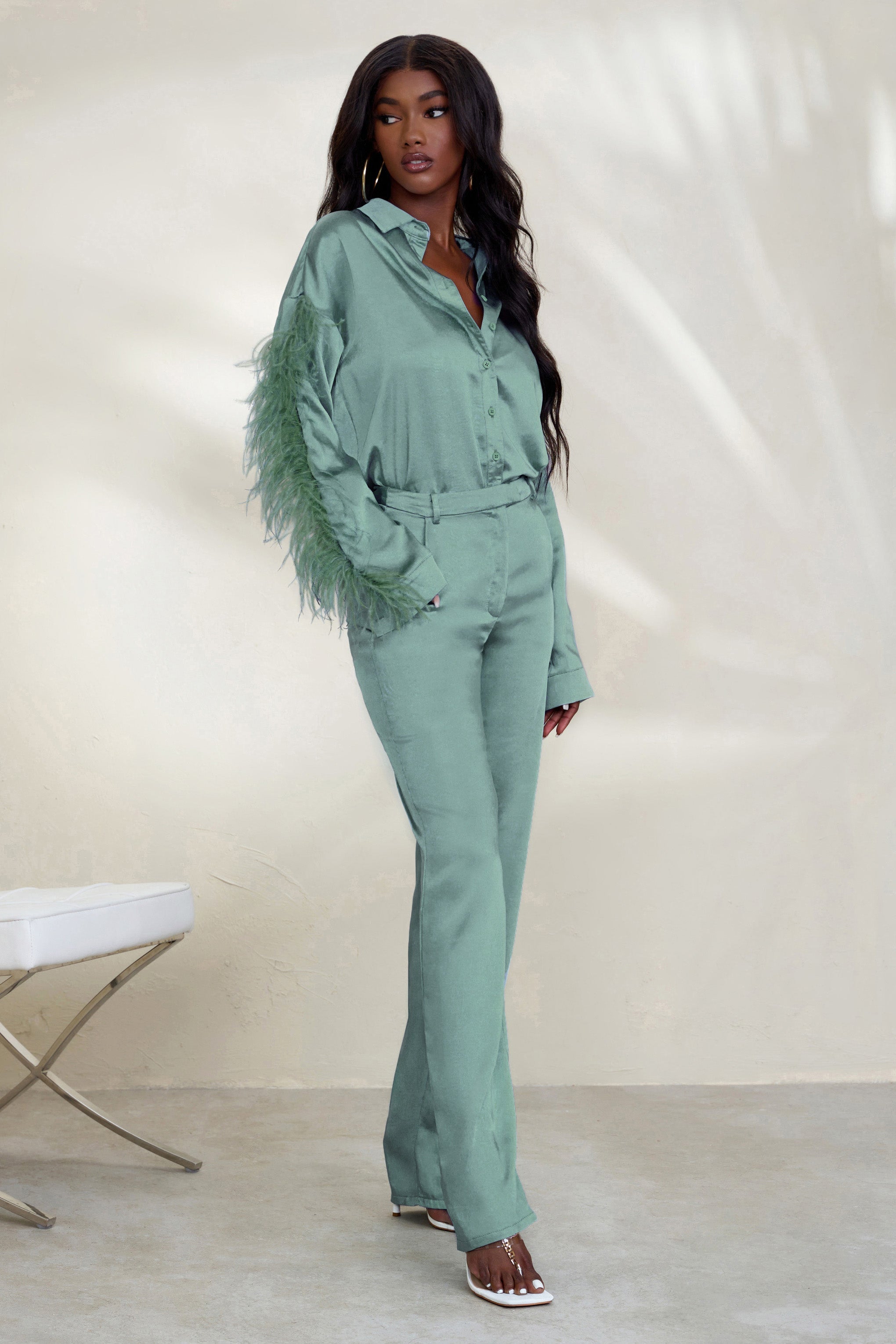 Seraphine London™ | Sage Green Satin Wide Leg Trousers