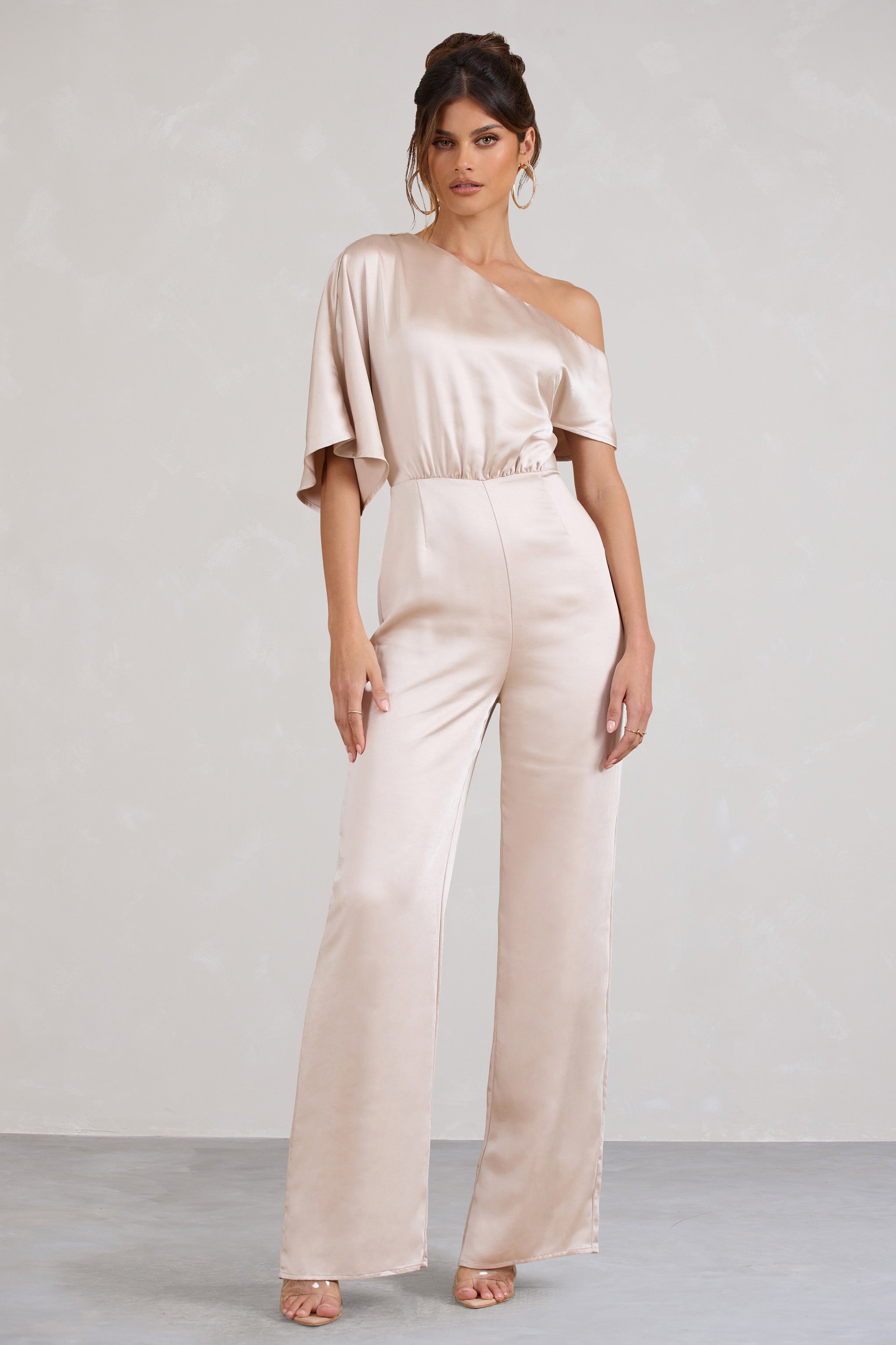 Seraphine London™ | Champagne Satin Asymmetric Flared-Leg Jumpsuit