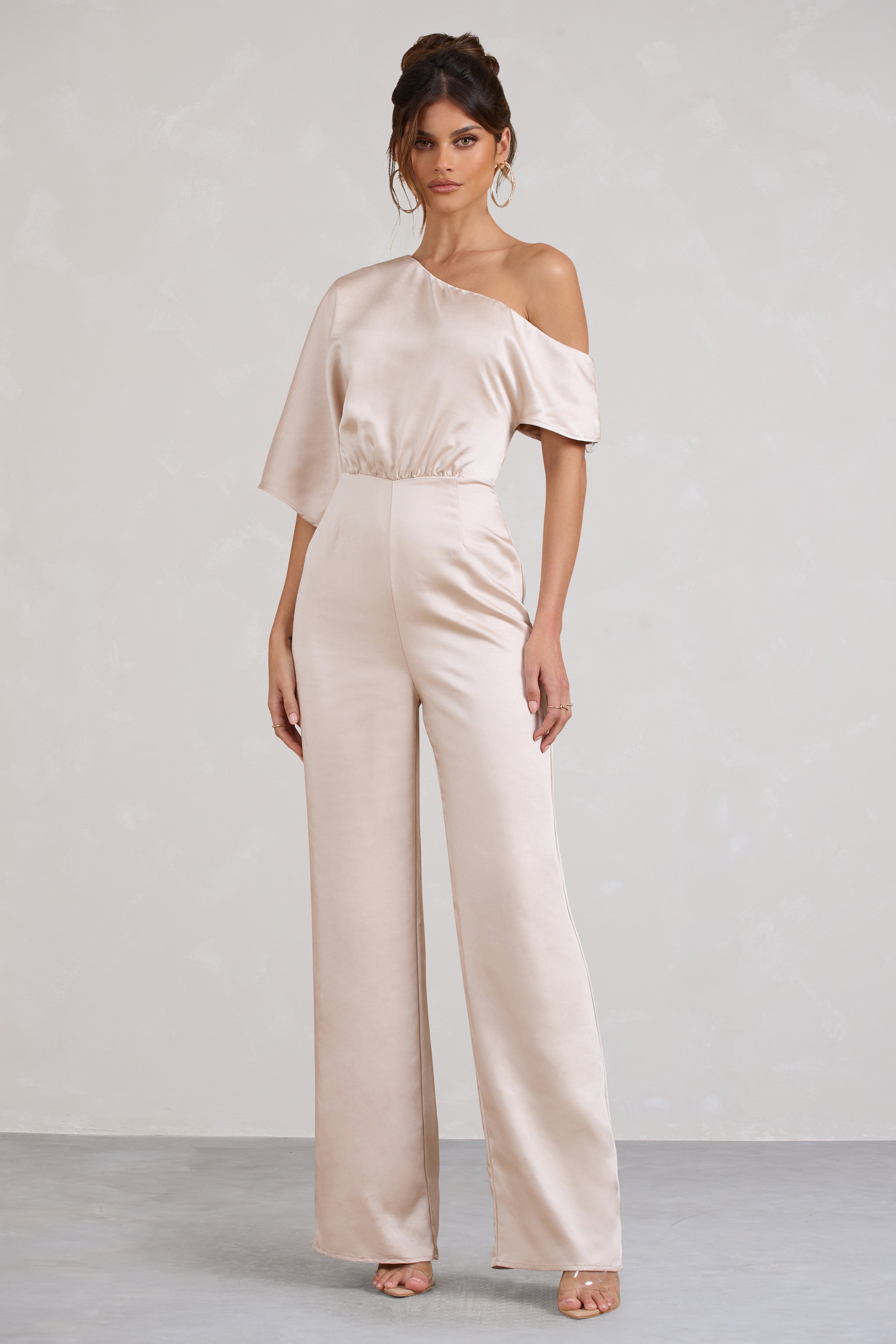 Seraphine London™ | Champagne Satin Asymmetric Flared-Leg Jumpsuit