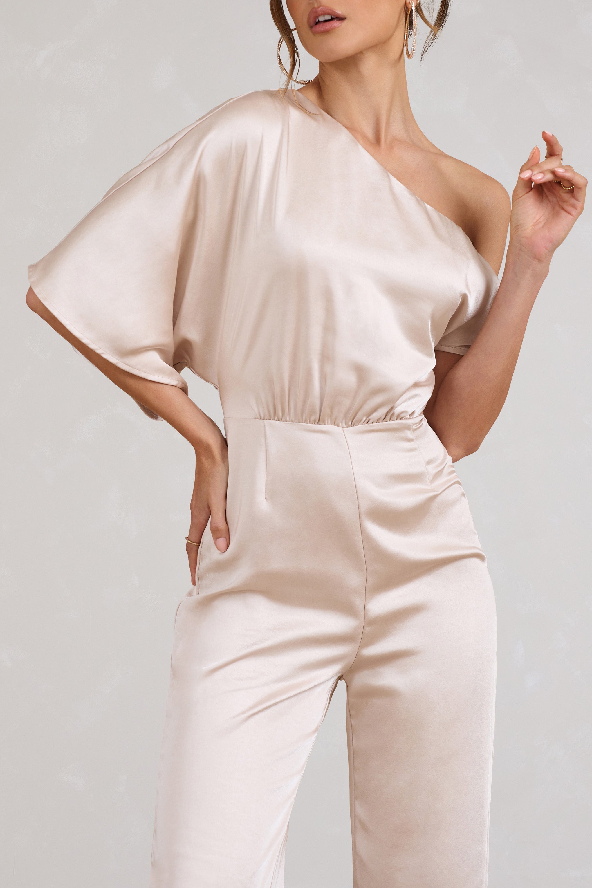 Seraphine London™ | Champagne Satin Asymmetric Flared-Leg Jumpsuit