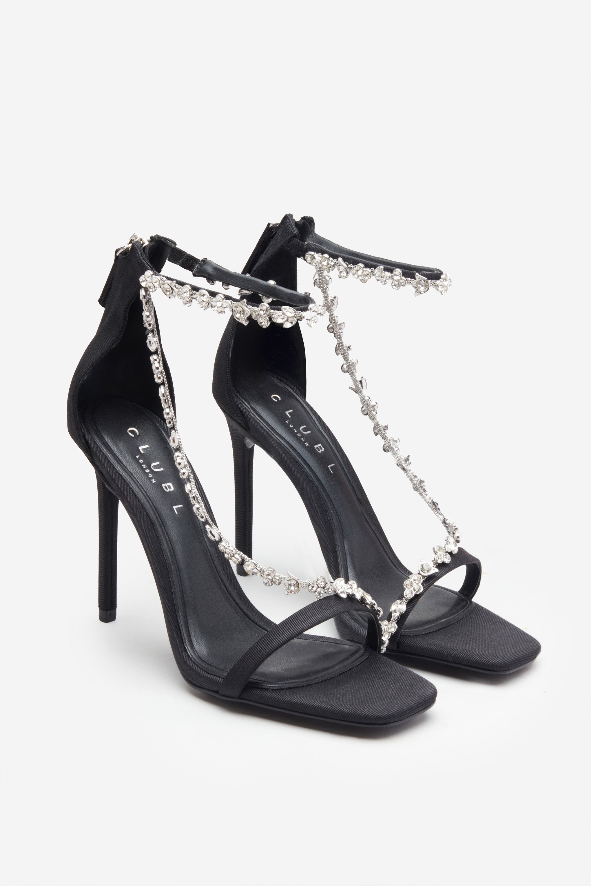 Seraphine London™ | Black Satin Diamanté Chain Sandals