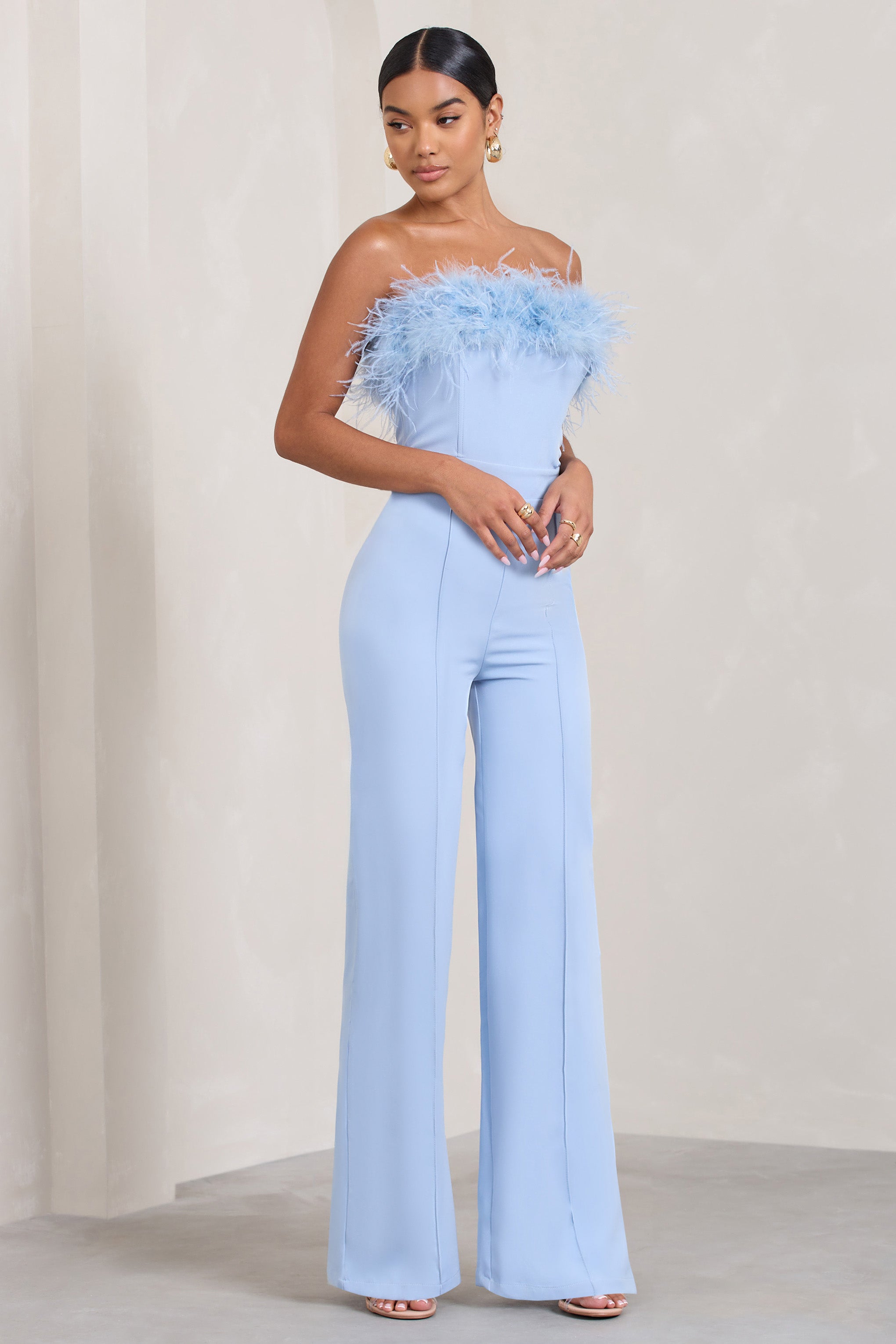 Seraphine London™ | Blue Bandeau Feather Wide Leg jumpsuit