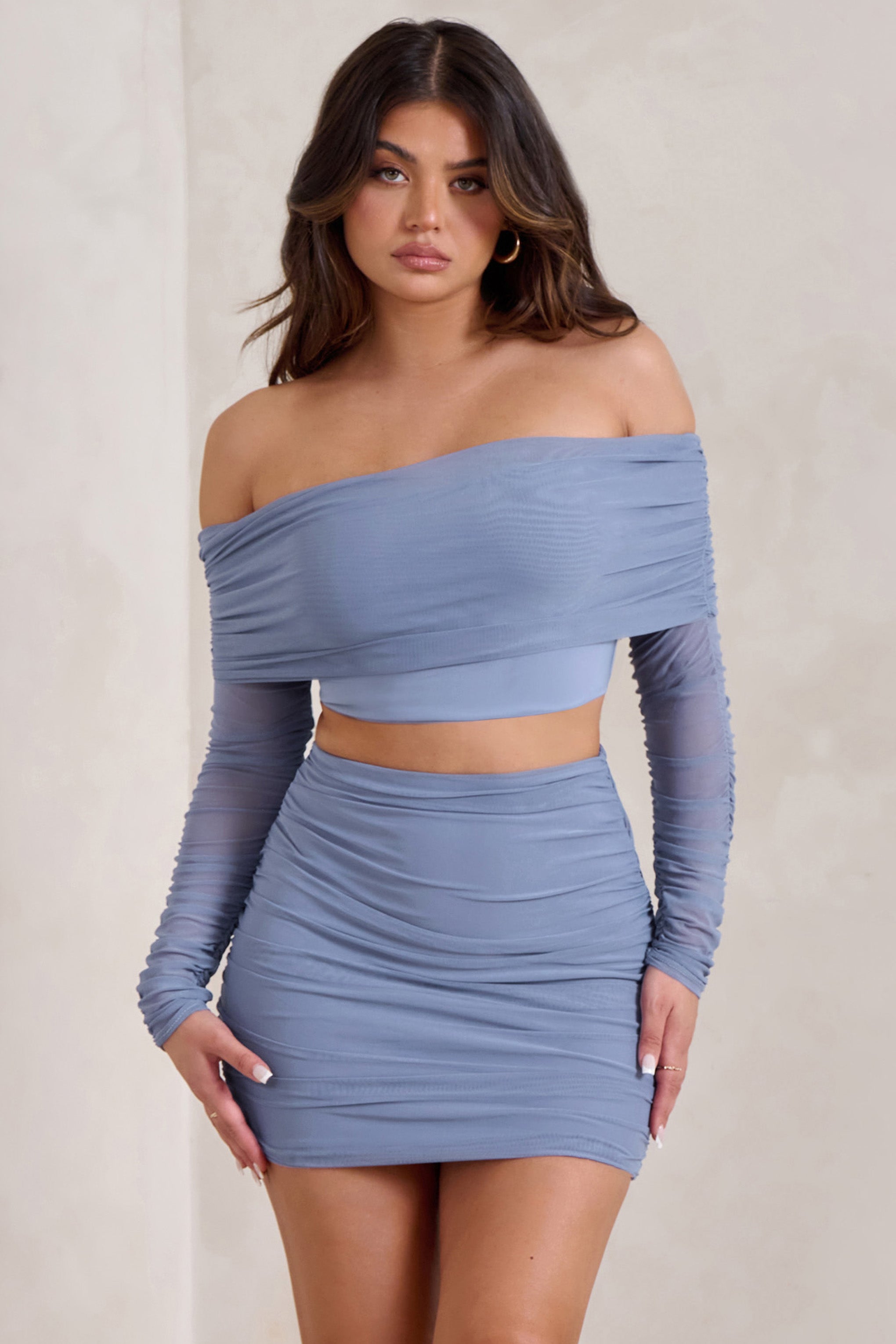 Seraphine London™ | Blue Ruched Mesh Bardot Crop Top