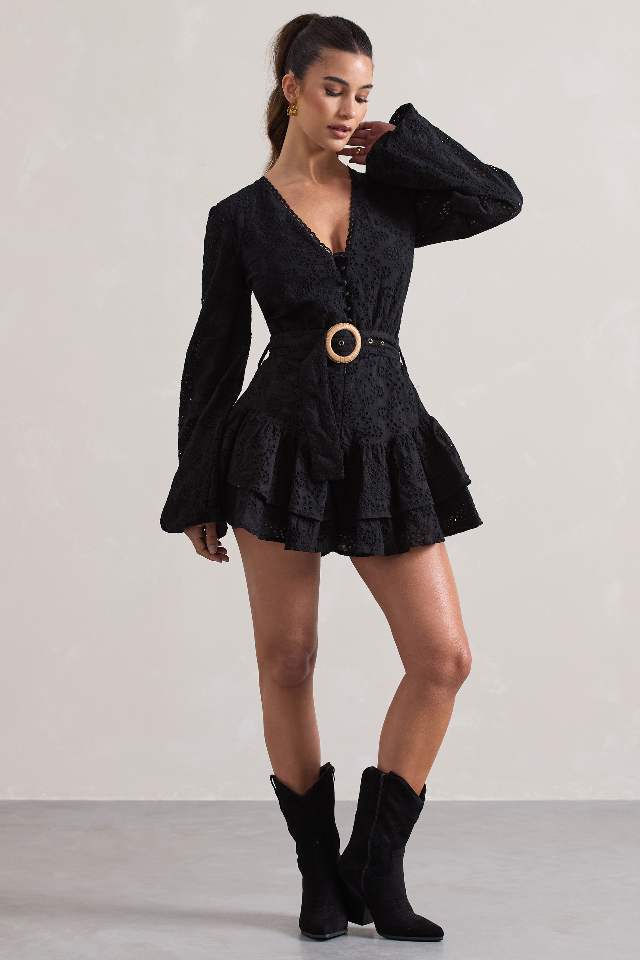 Seraphine London™ | Black Broderie Belted Ruffled Matching Set