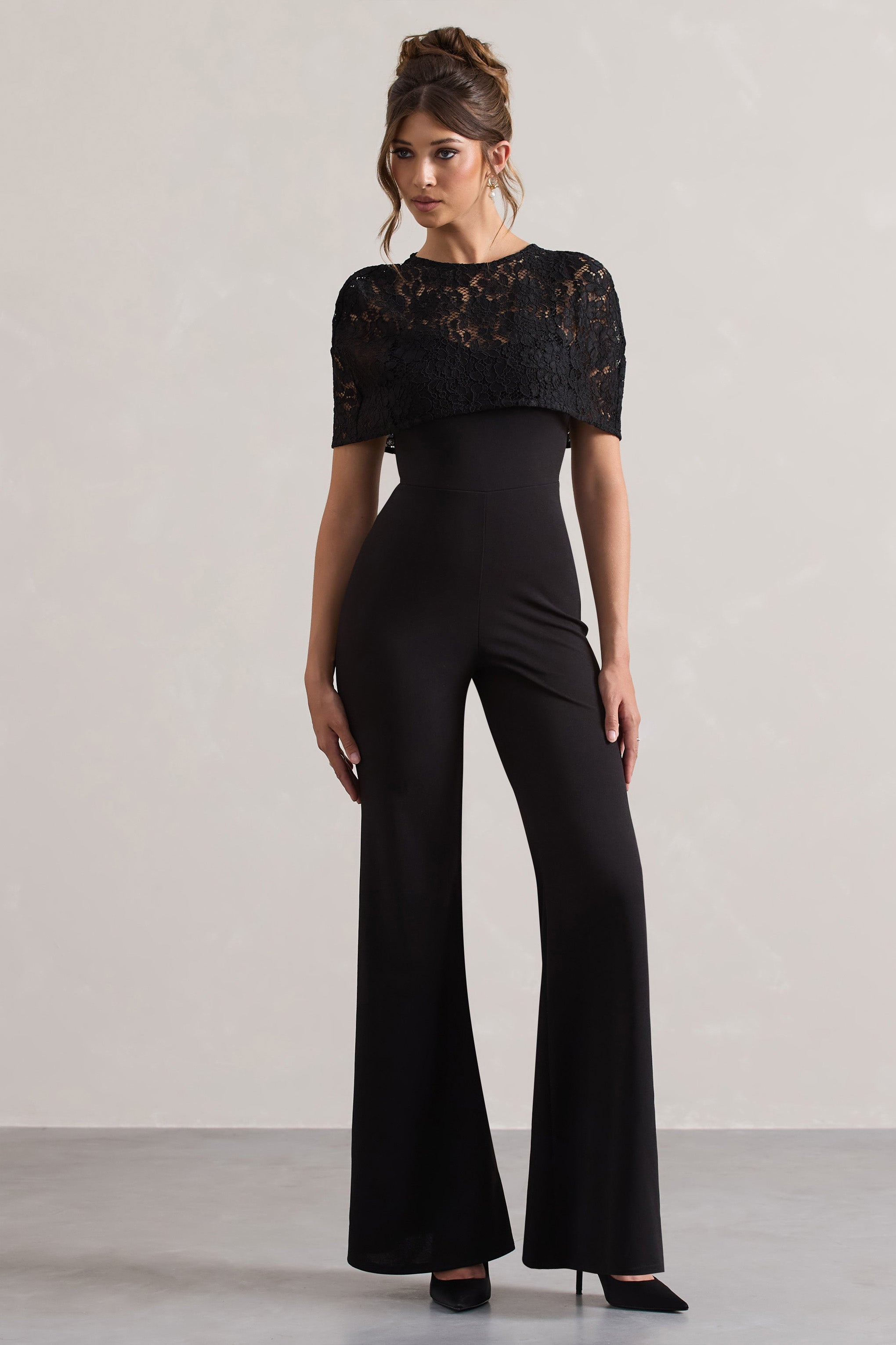 Seraphine London™ | Black Flared-Leg Jumpsuit With Lace Overlay