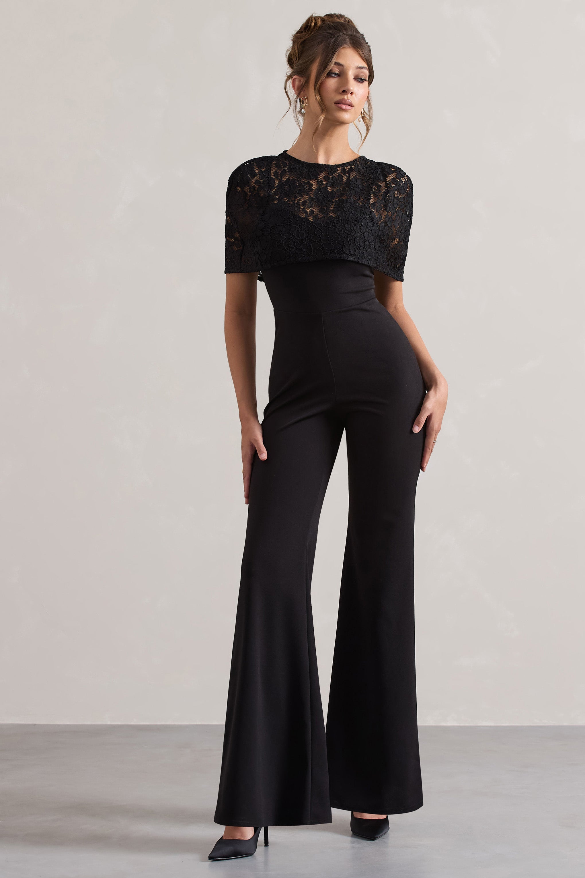 Seraphine London™ | Black Flared-Leg Jumpsuit With Lace Overlay
