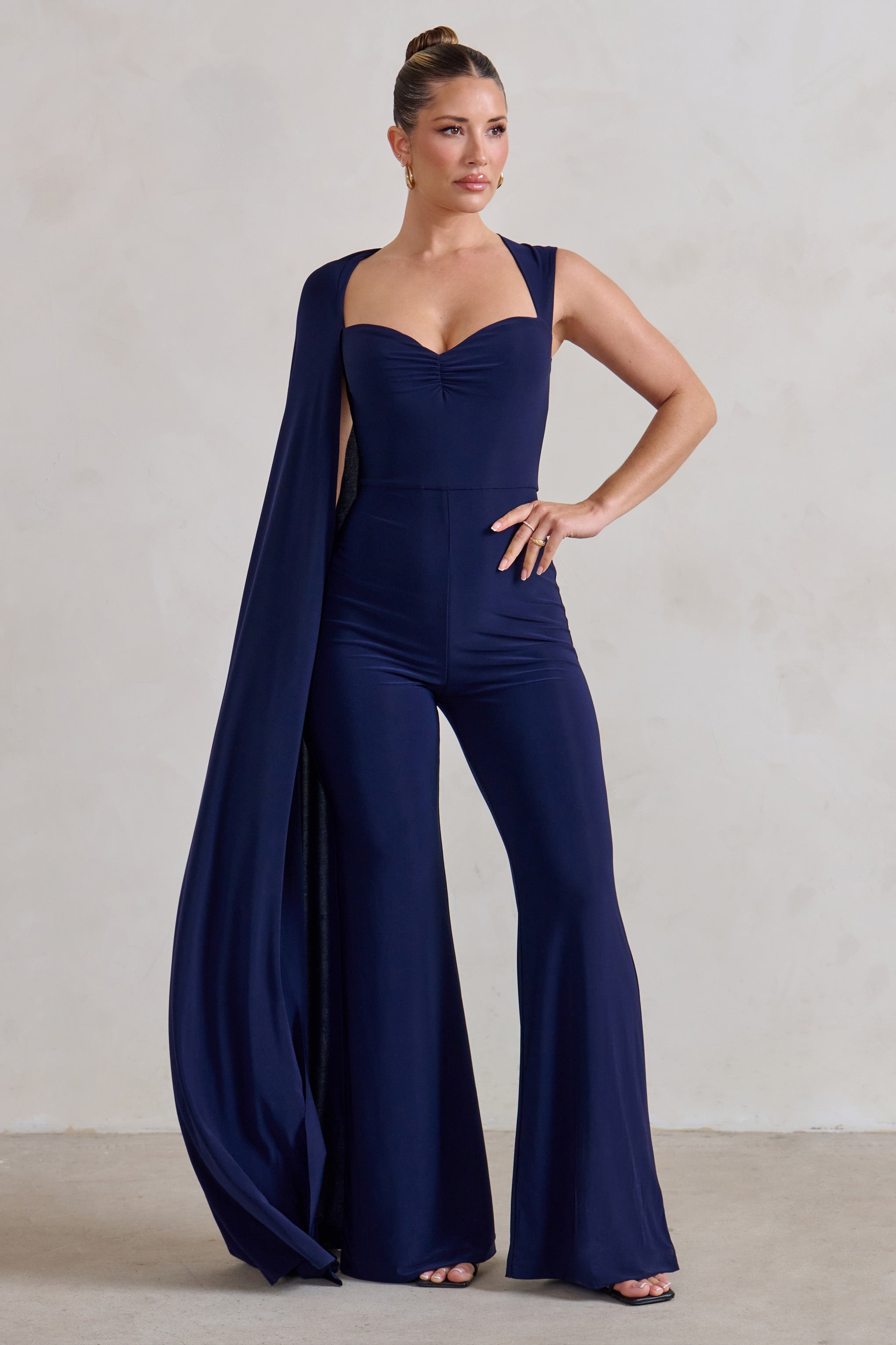 Seraphine London™ | Navy Asymmetric Cape Sleeve Jumpsuit