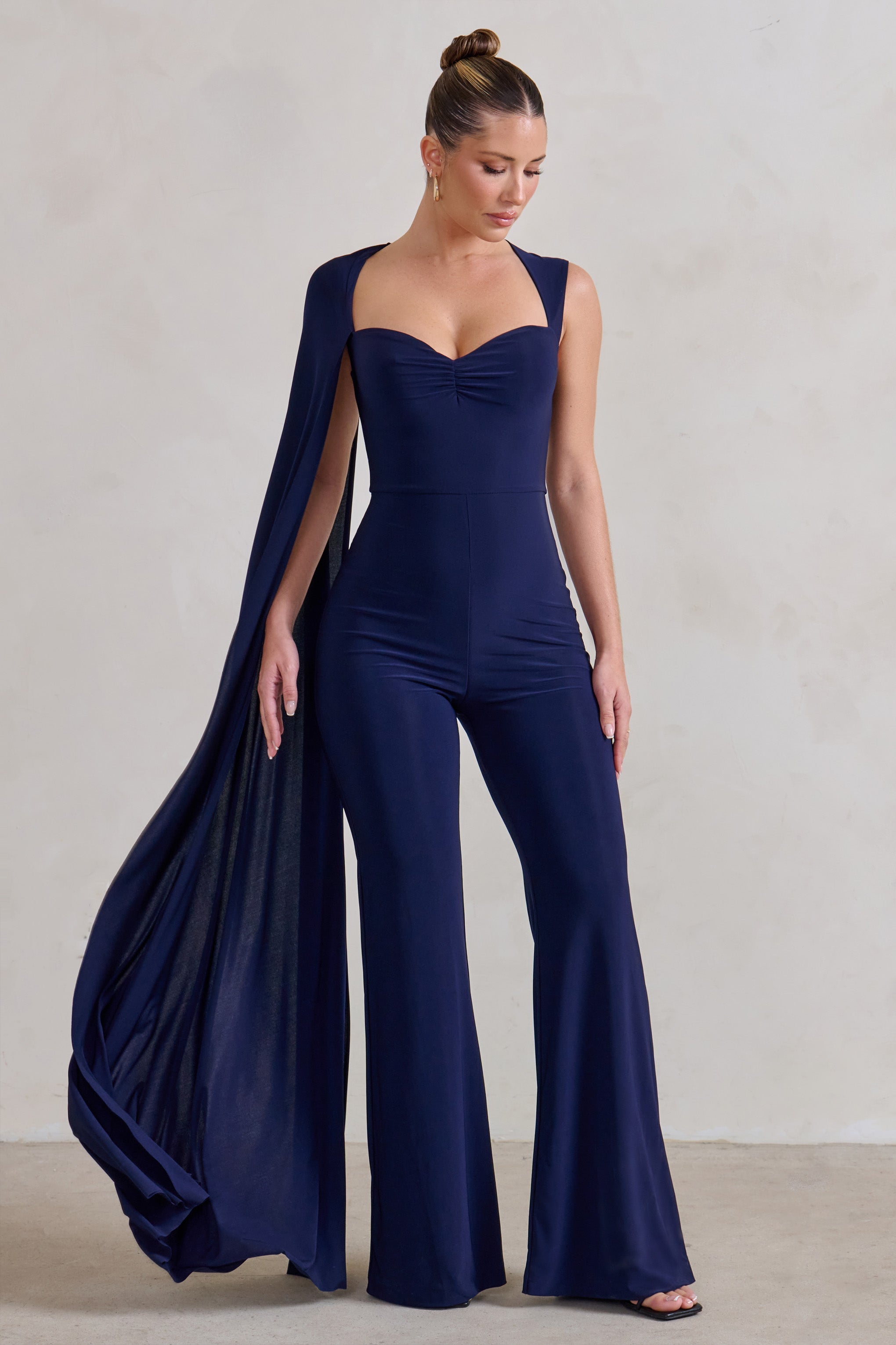 Seraphine London™ | Navy Asymmetric Cape Sleeve Jumpsuit