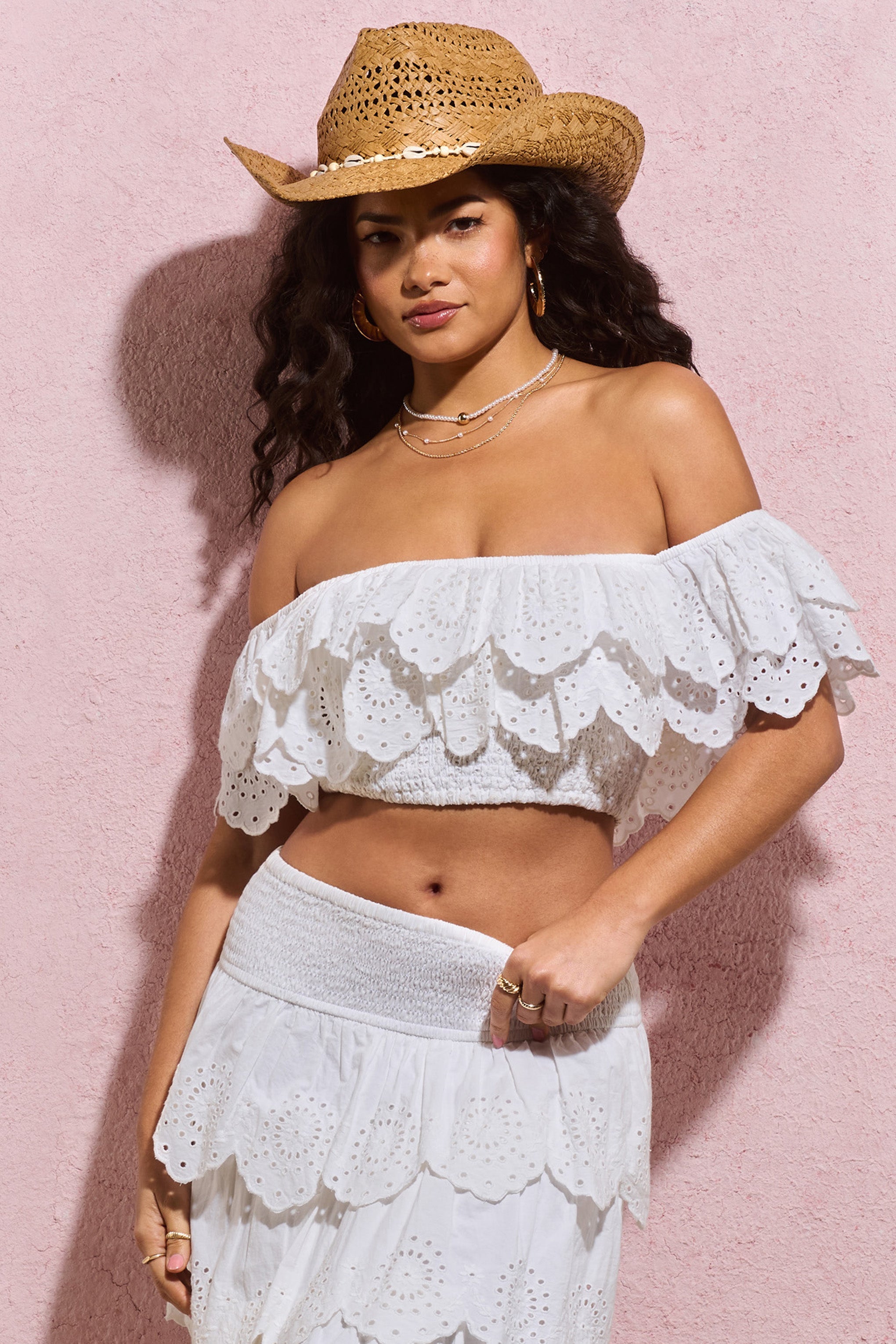 Seraphine London™ | White Broderie Anglaise Bardot Crop Top
