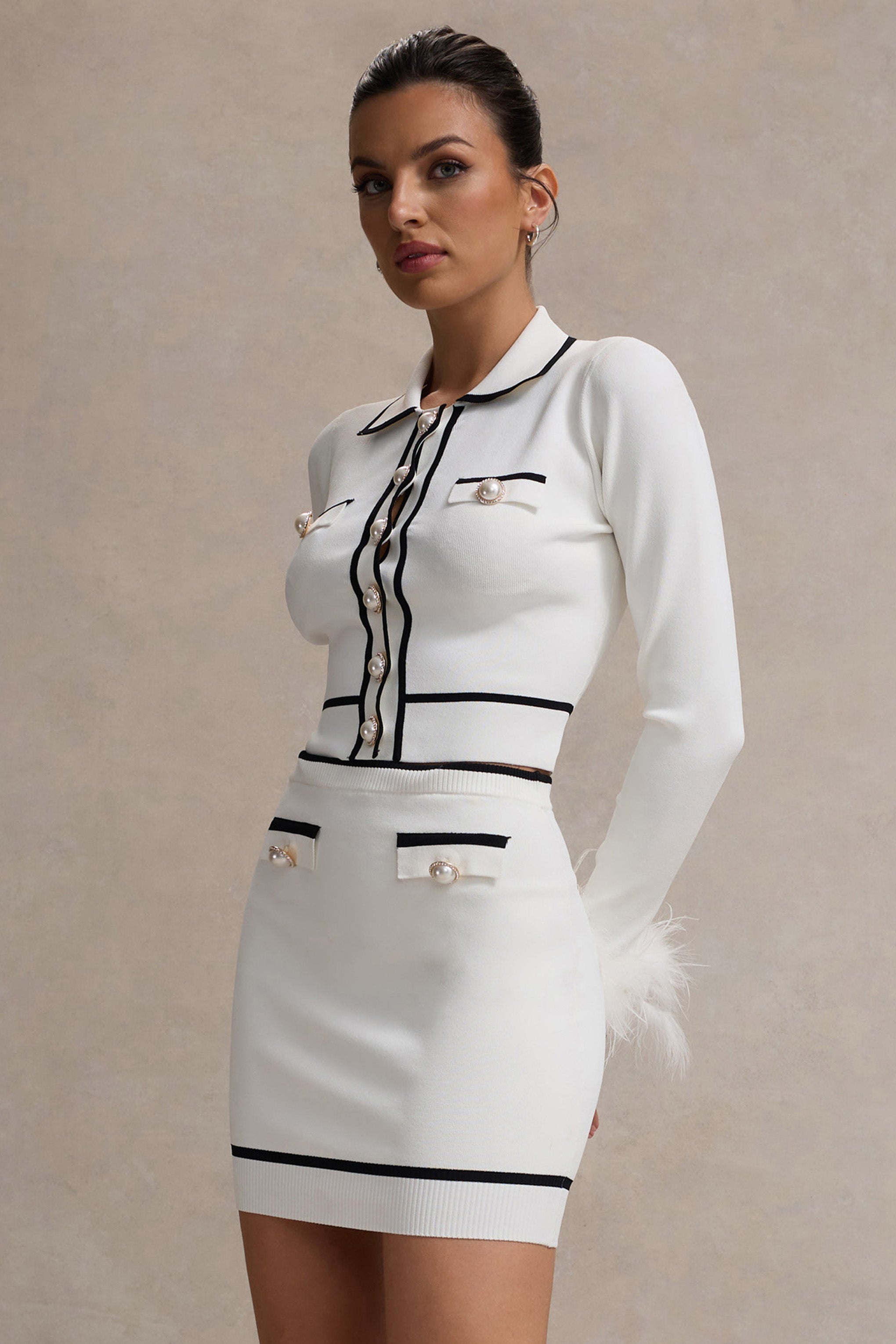 Seraphine London™ | Cream Cropped Cardigan With Feather Cuffs