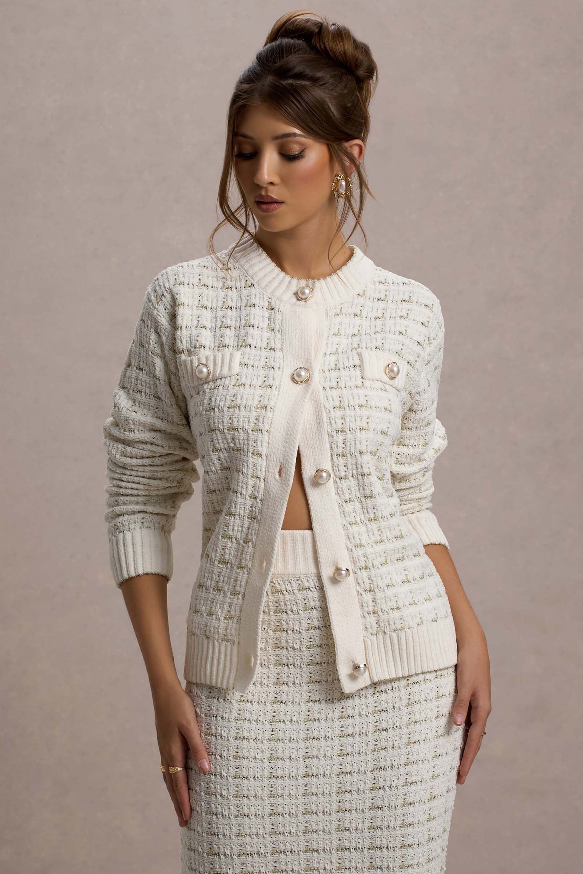 Seraphine London™ | Cream Boucle Pearl-Button Cardigan