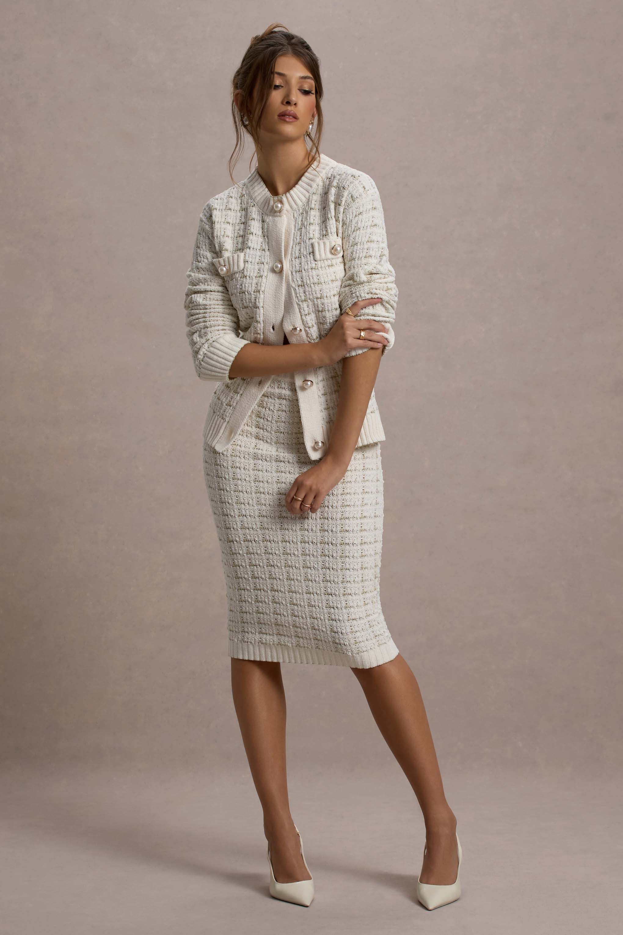 Seraphine London™ | Cream Boucle Pearl-Button Cardigan