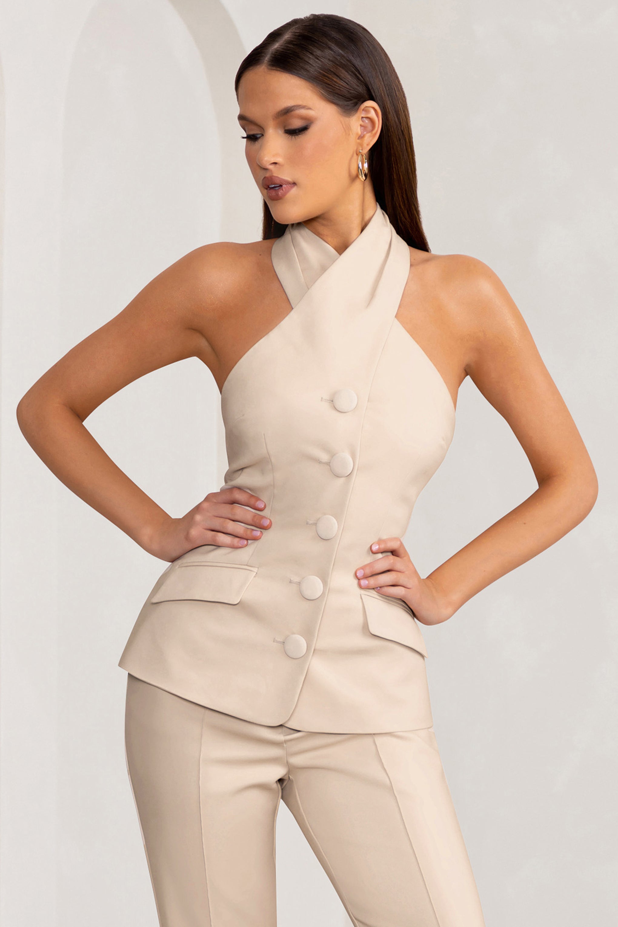 Seraphine London™ | Stone Tailored Sleeveless Blazer Top