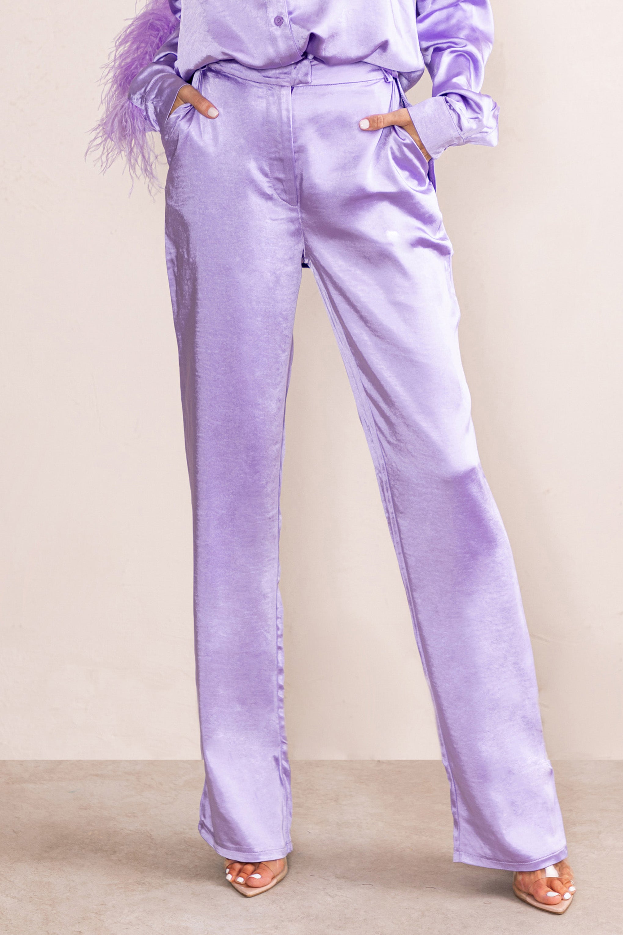 Seraphine London™ | Lilac Satin Wide Leg Trousers