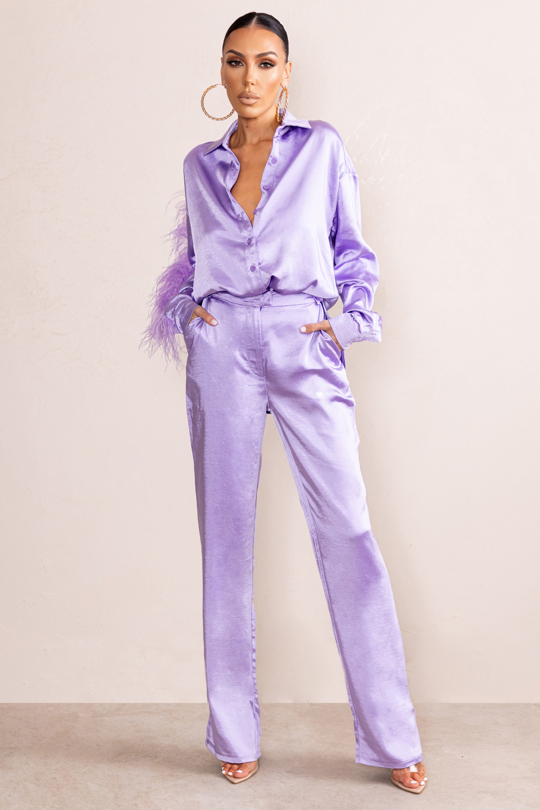 Seraphine London™ | Lilac Satin Wide Leg Trousers