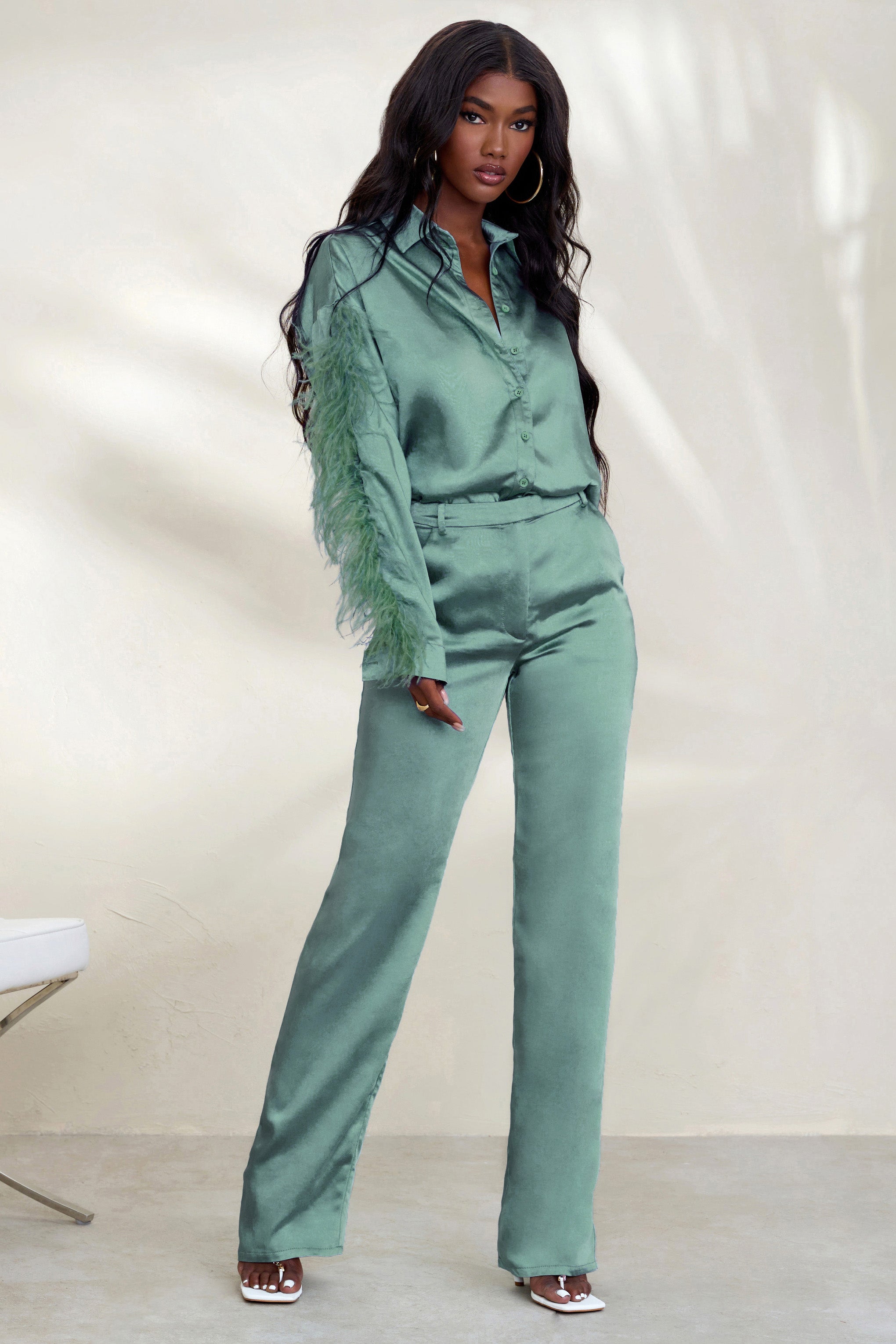 Seraphine London™ | Sage Green Satin Wide Leg Trousers