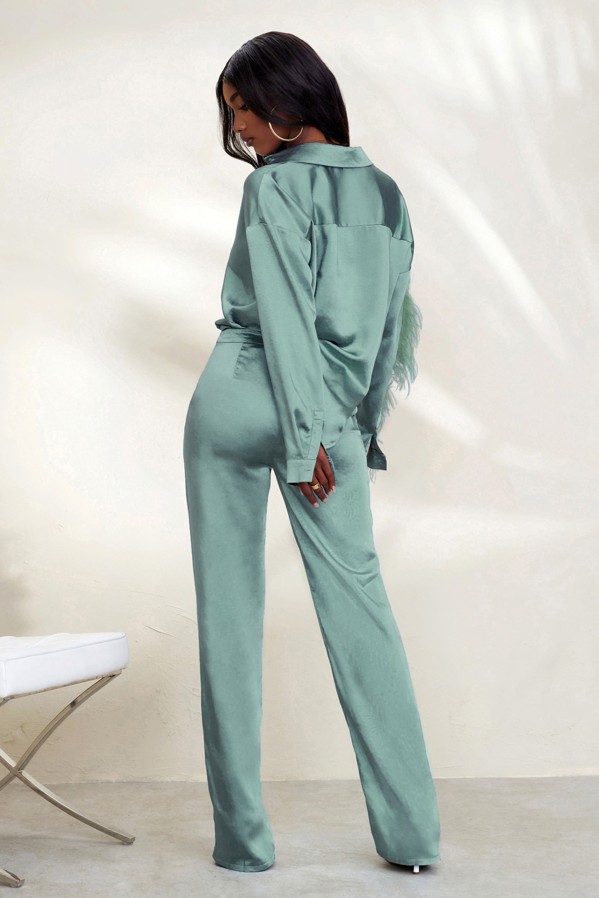 Seraphine London™ | Sage Green Satin Wide Leg Trousers