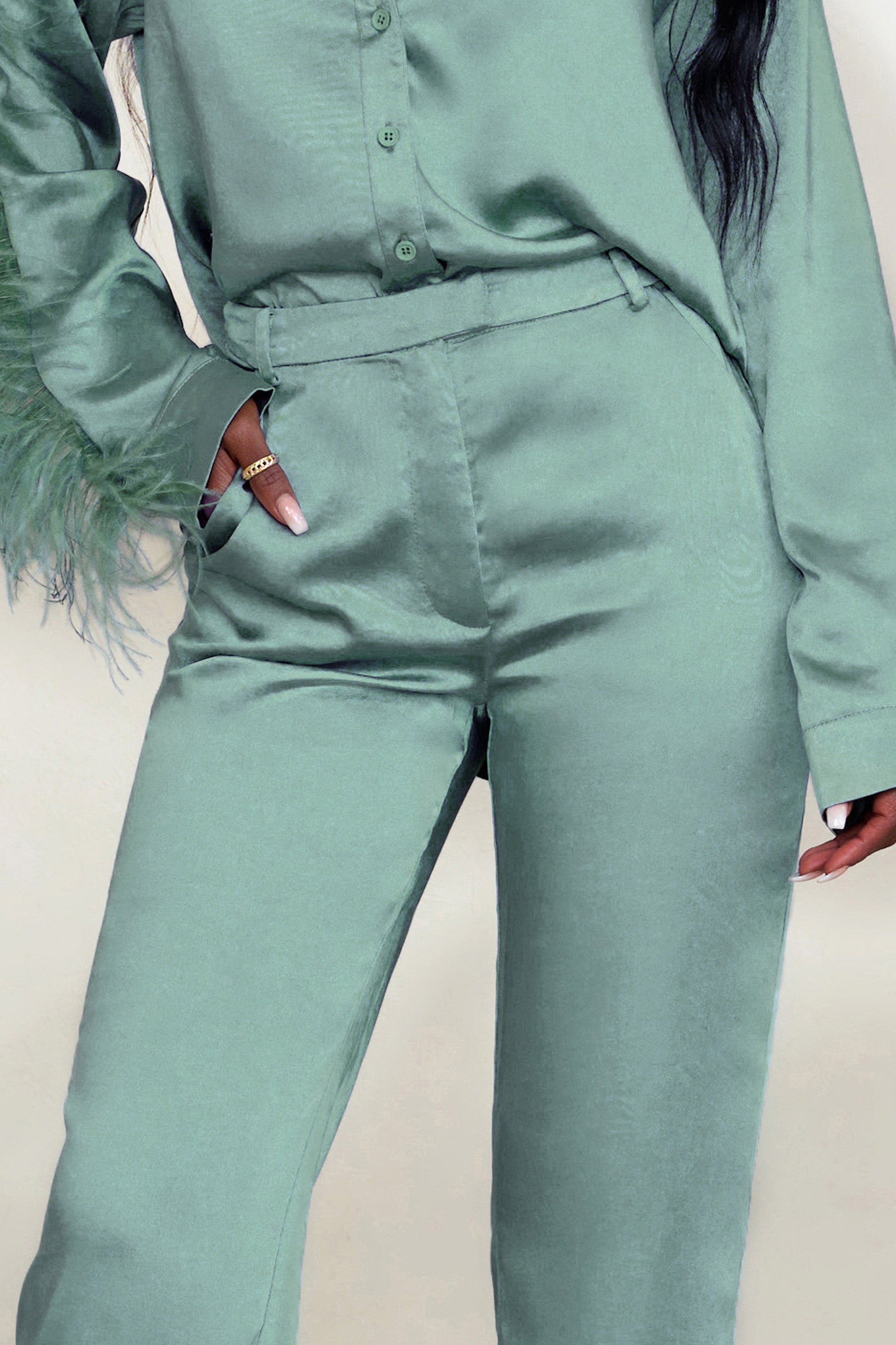 Seraphine London™ | Sage Green Satin Wide Leg Trousers