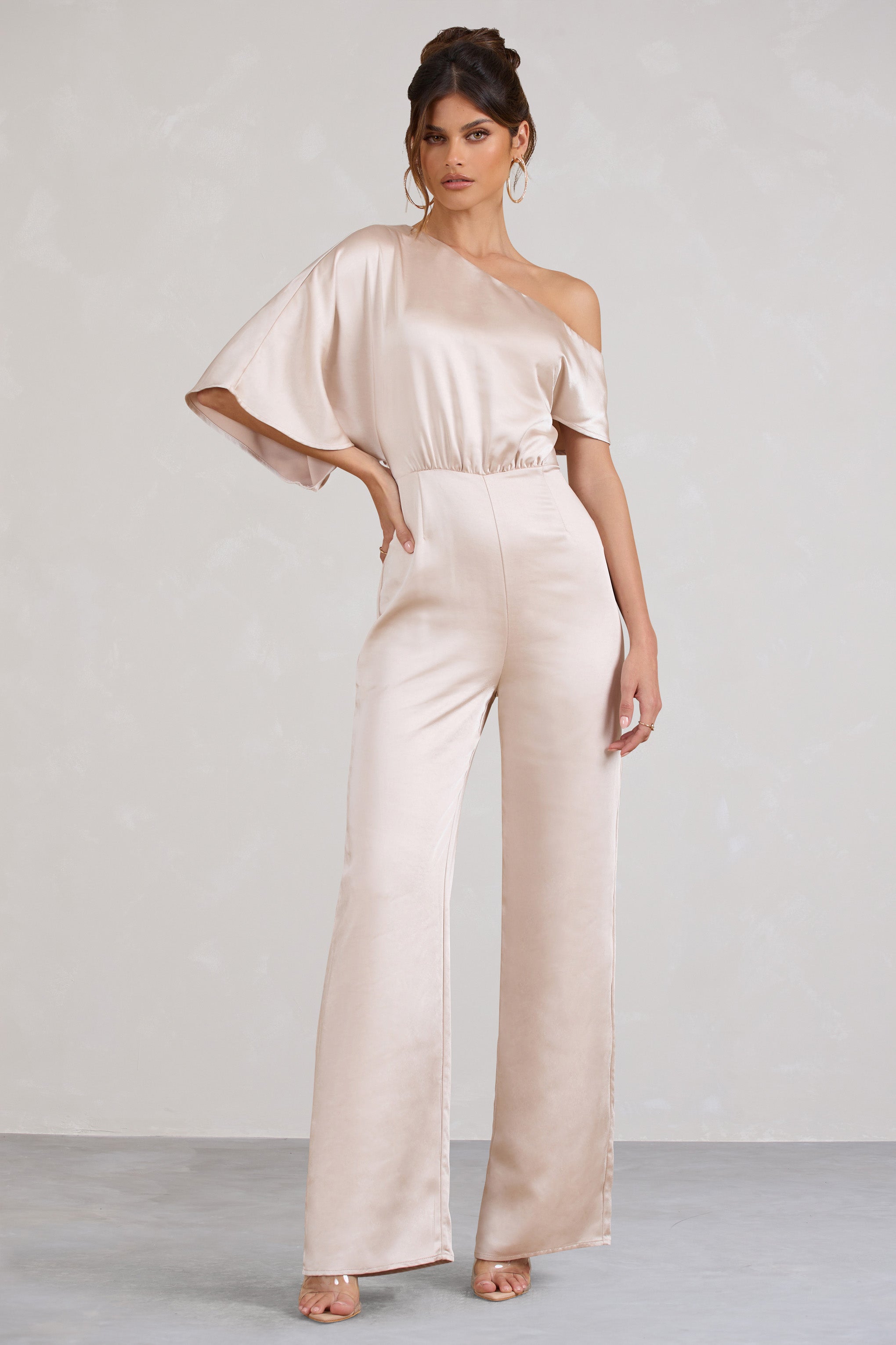 Seraphine London™ | Champagne Satin Asymmetric Flared-Leg Jumpsuit