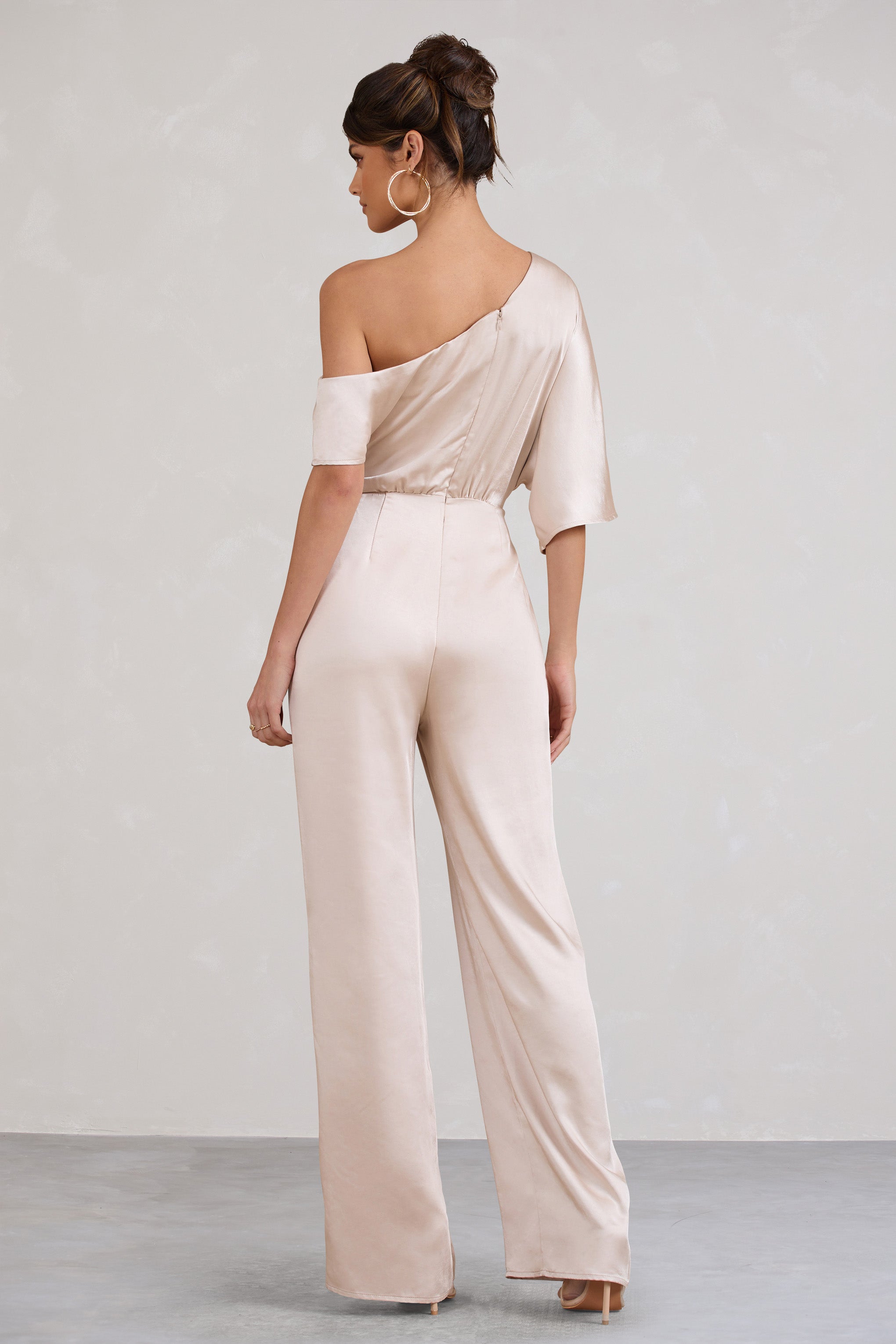 Seraphine London™ | Champagne Satin Asymmetric Flared-Leg Jumpsuit