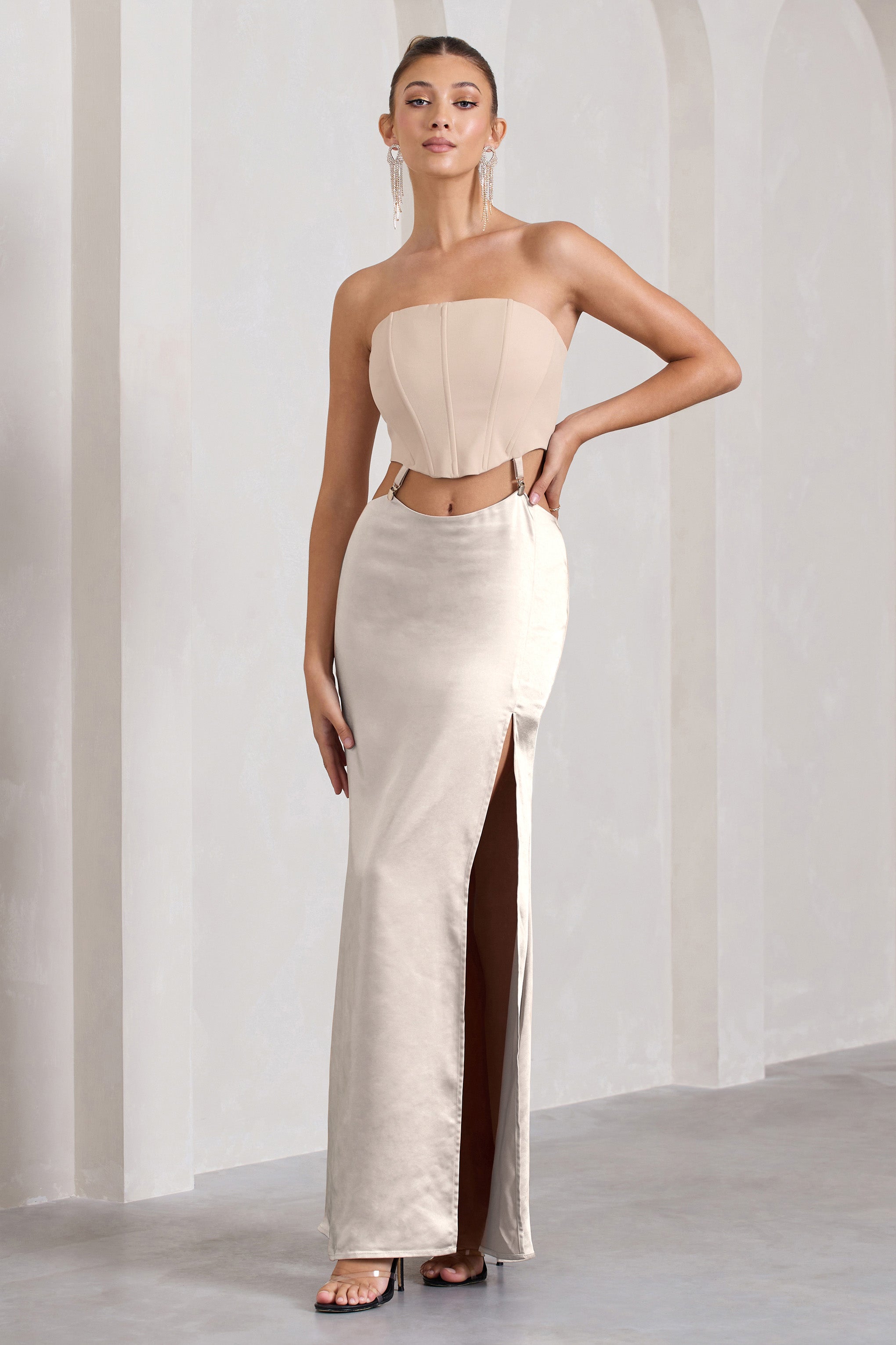 Seraphine London™ | Nude Satin Strapless Dress