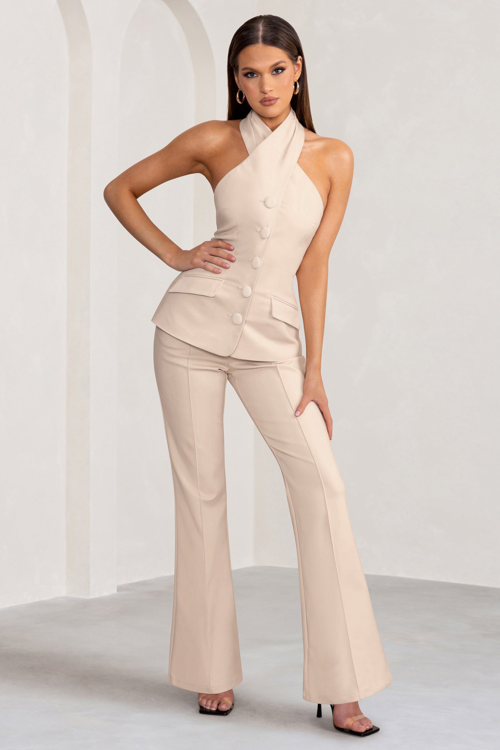 Seraphine London™ | Stone High Waist Wide Leg Trousers