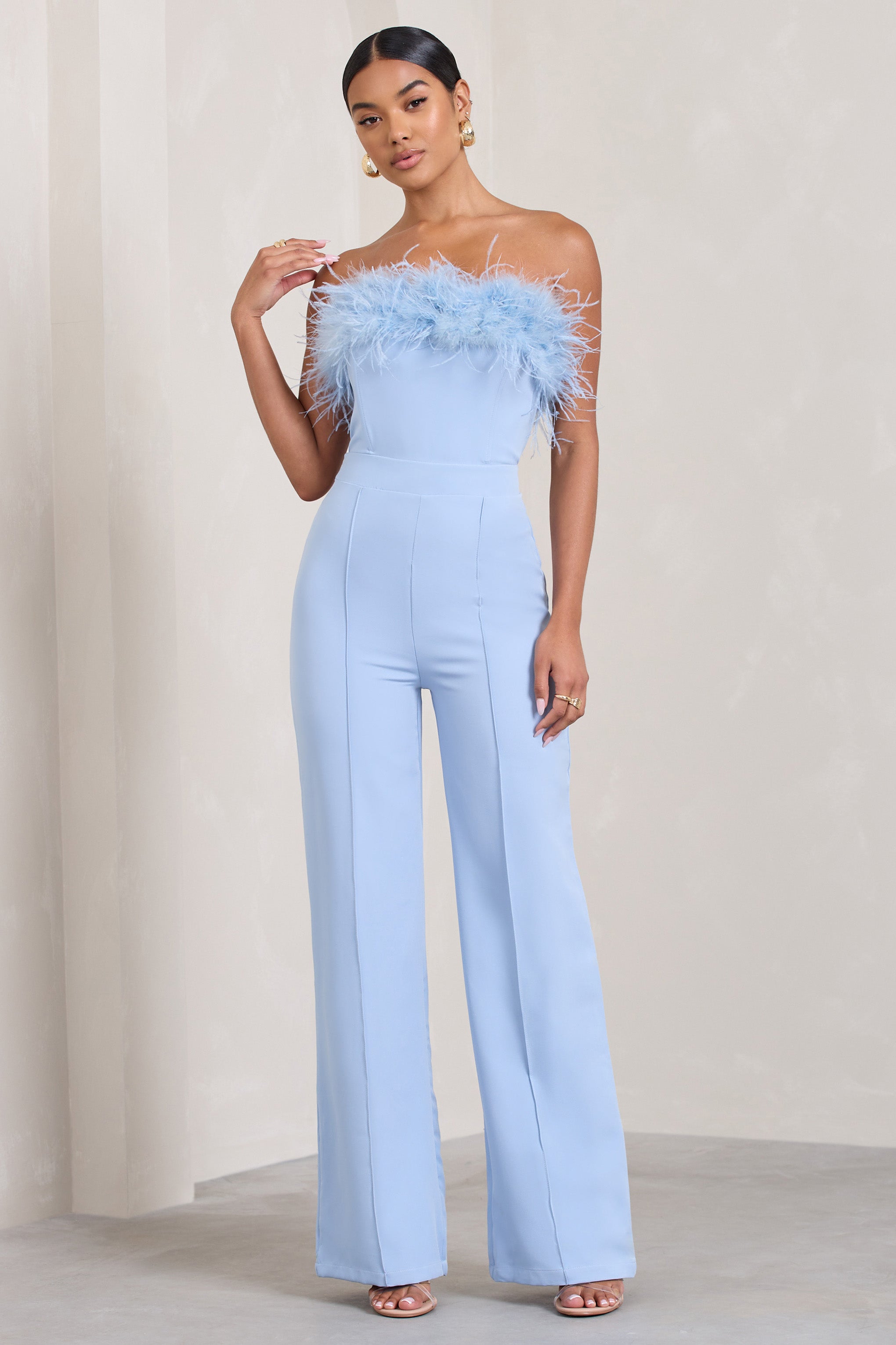 Seraphine London™ | Blue Bandeau Feather Wide Leg jumpsuit