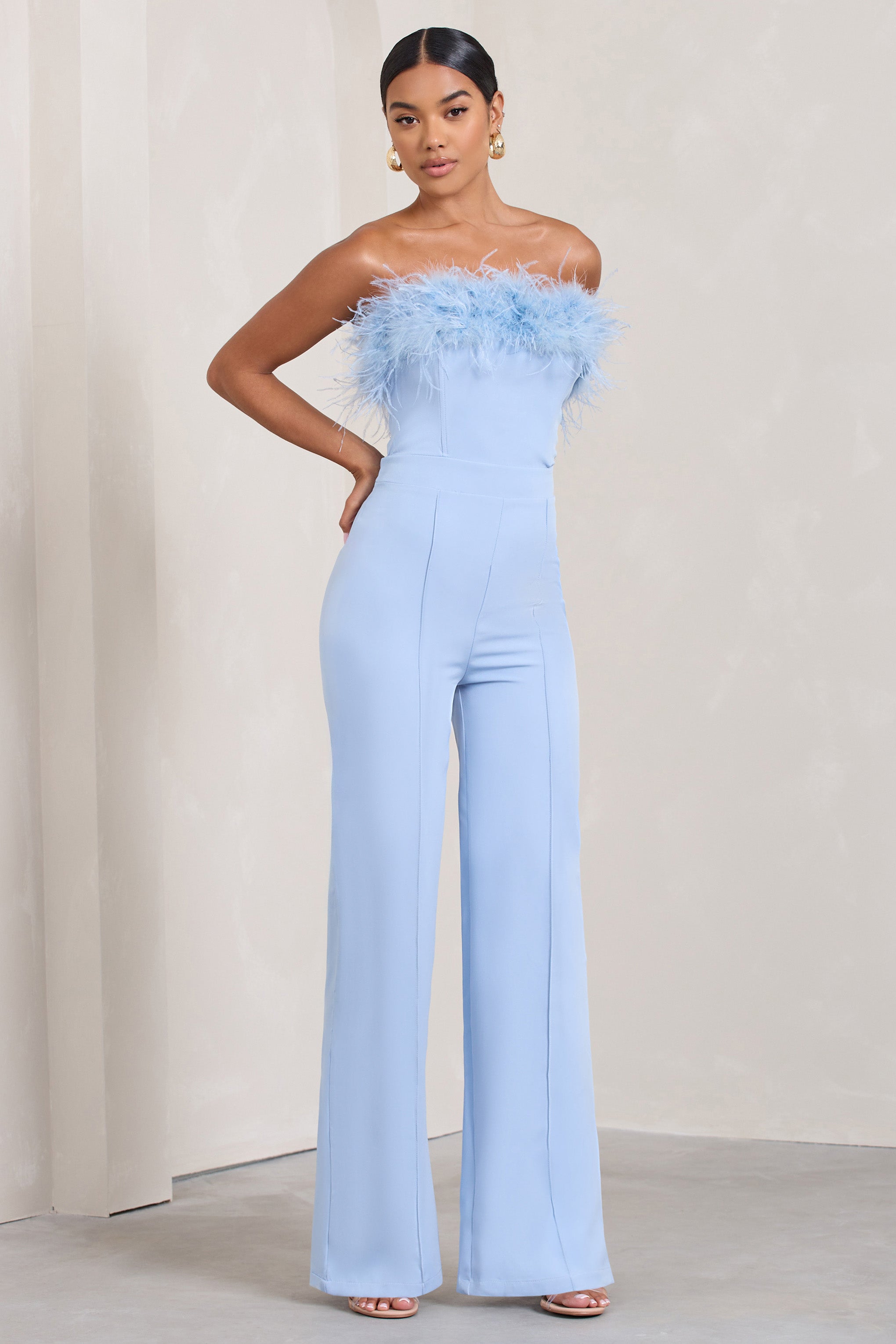 Seraphine London™ | Blue Bandeau Feather Wide Leg jumpsuit