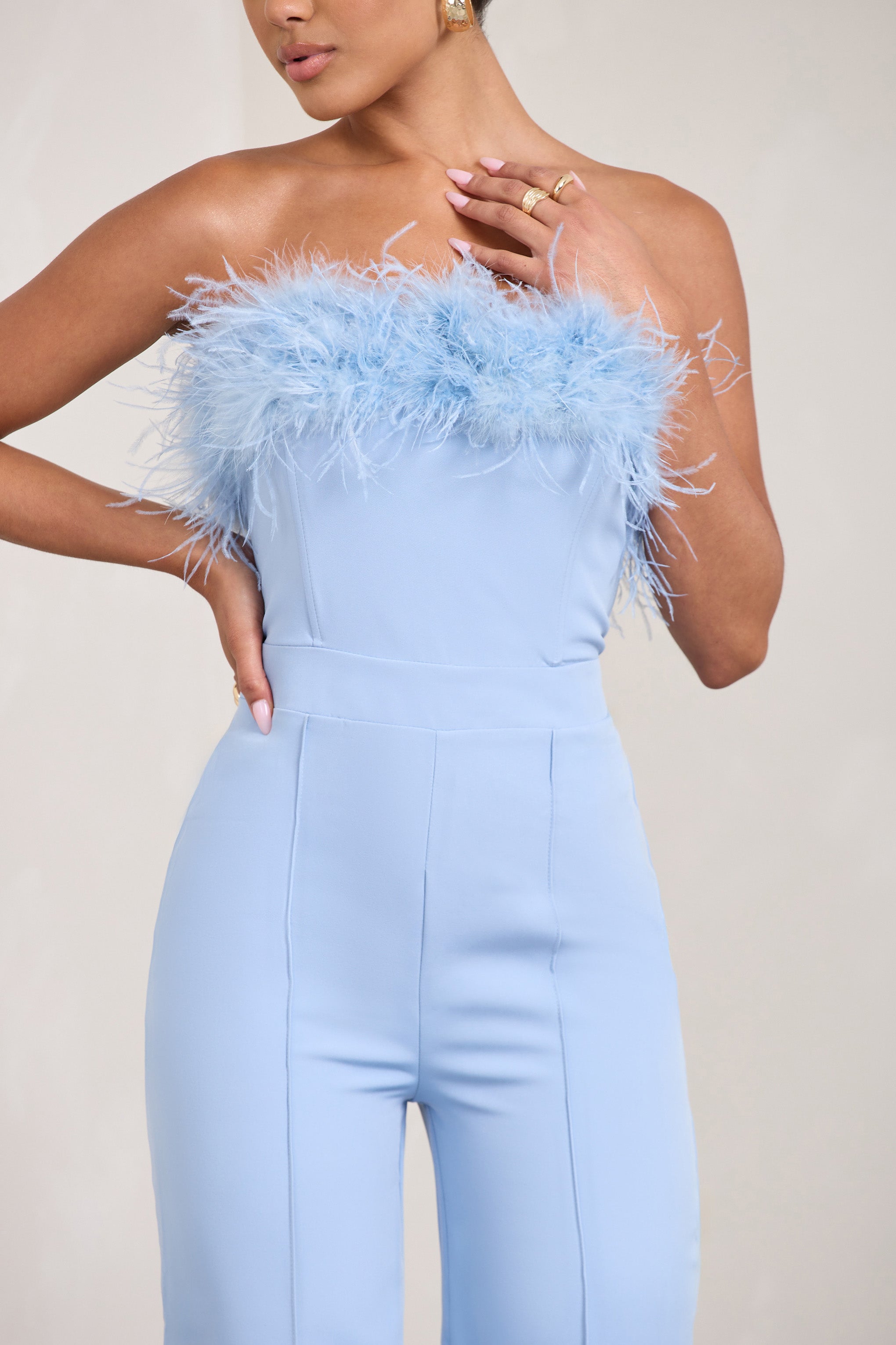 Seraphine London™ | Blue Bandeau Feather Wide Leg jumpsuit