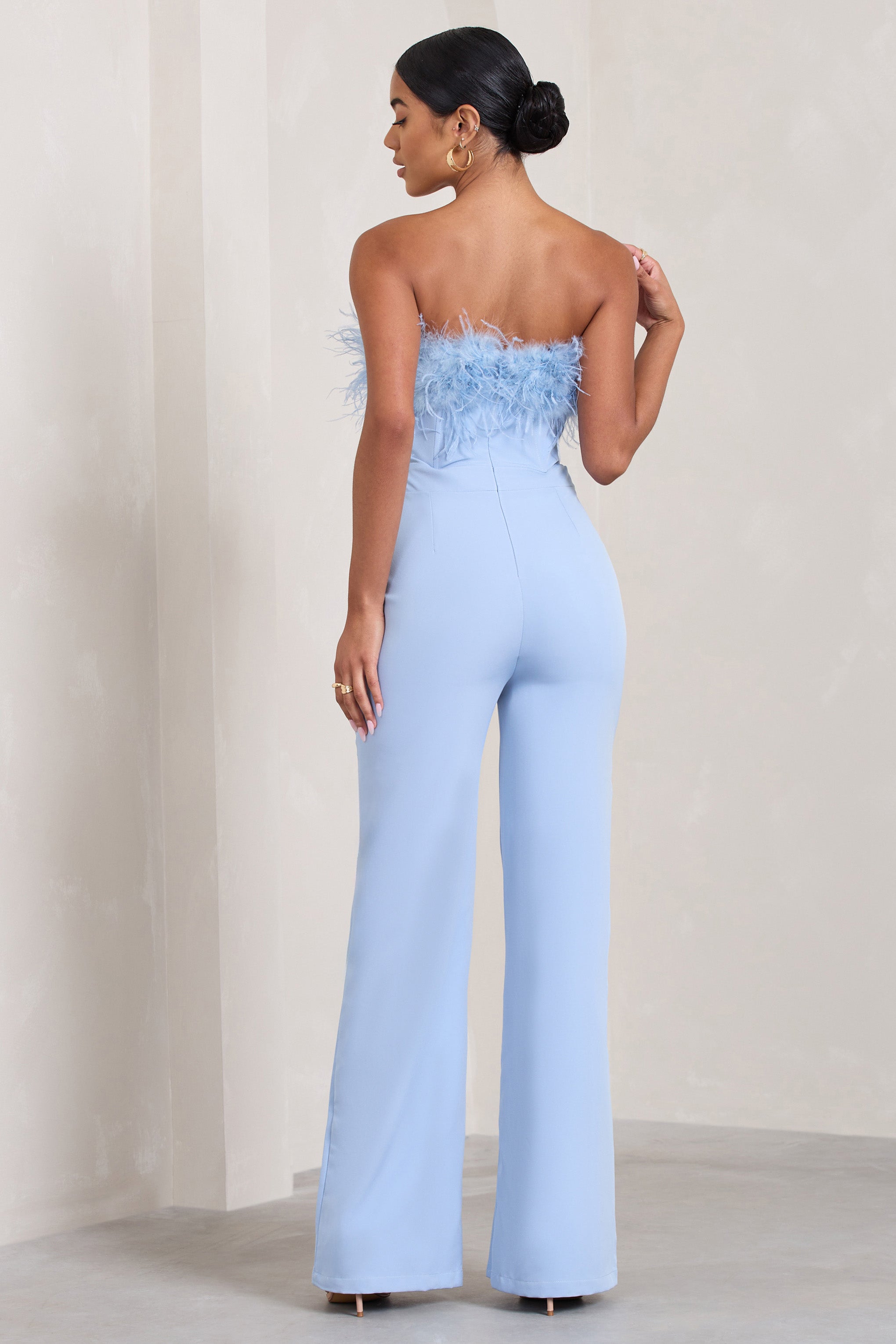 Seraphine London™ | Blue Bandeau Feather Wide Leg jumpsuit
