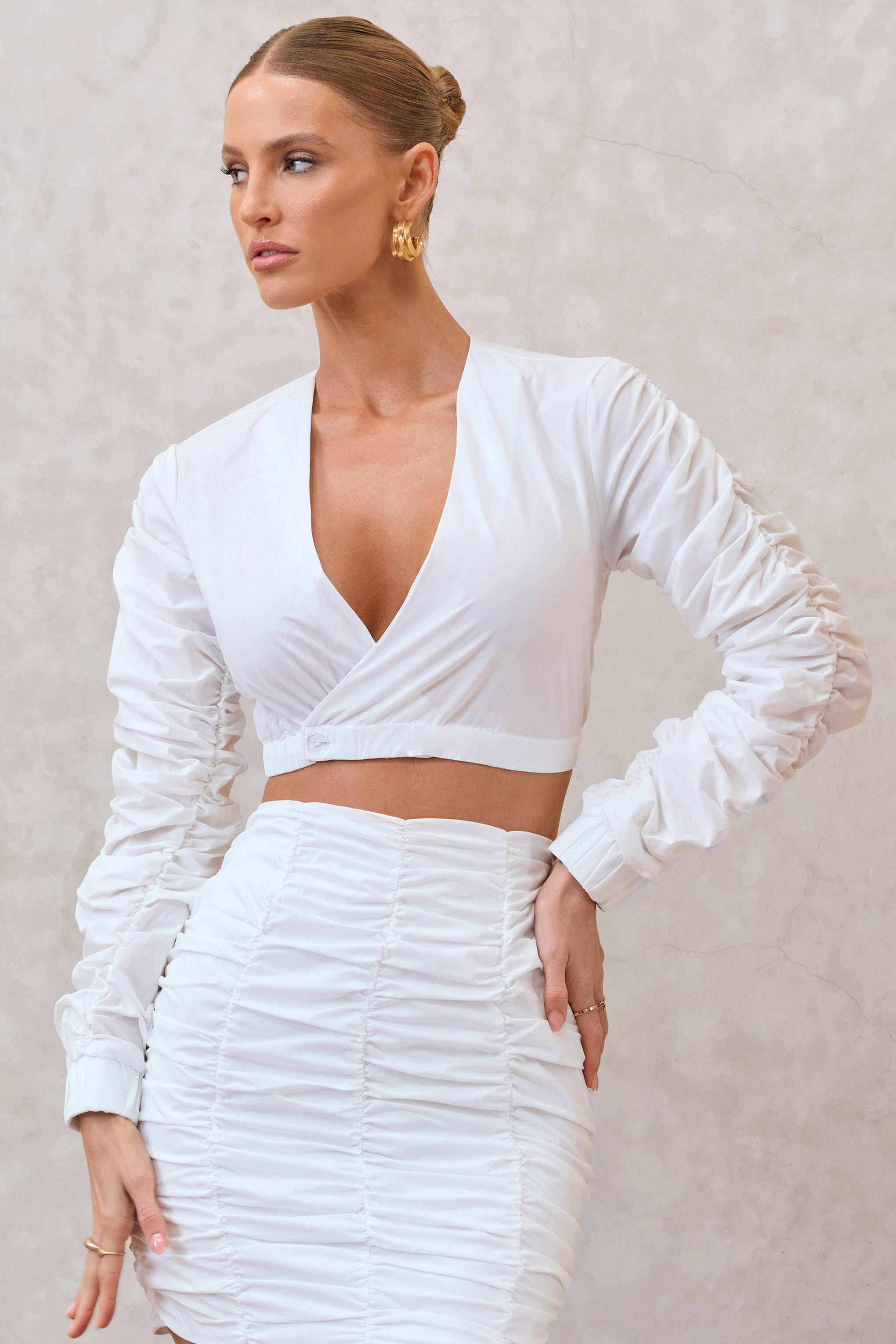 Seraphine London™ | White Ruched Sleeve Wrap Detail Cropped Shirt
