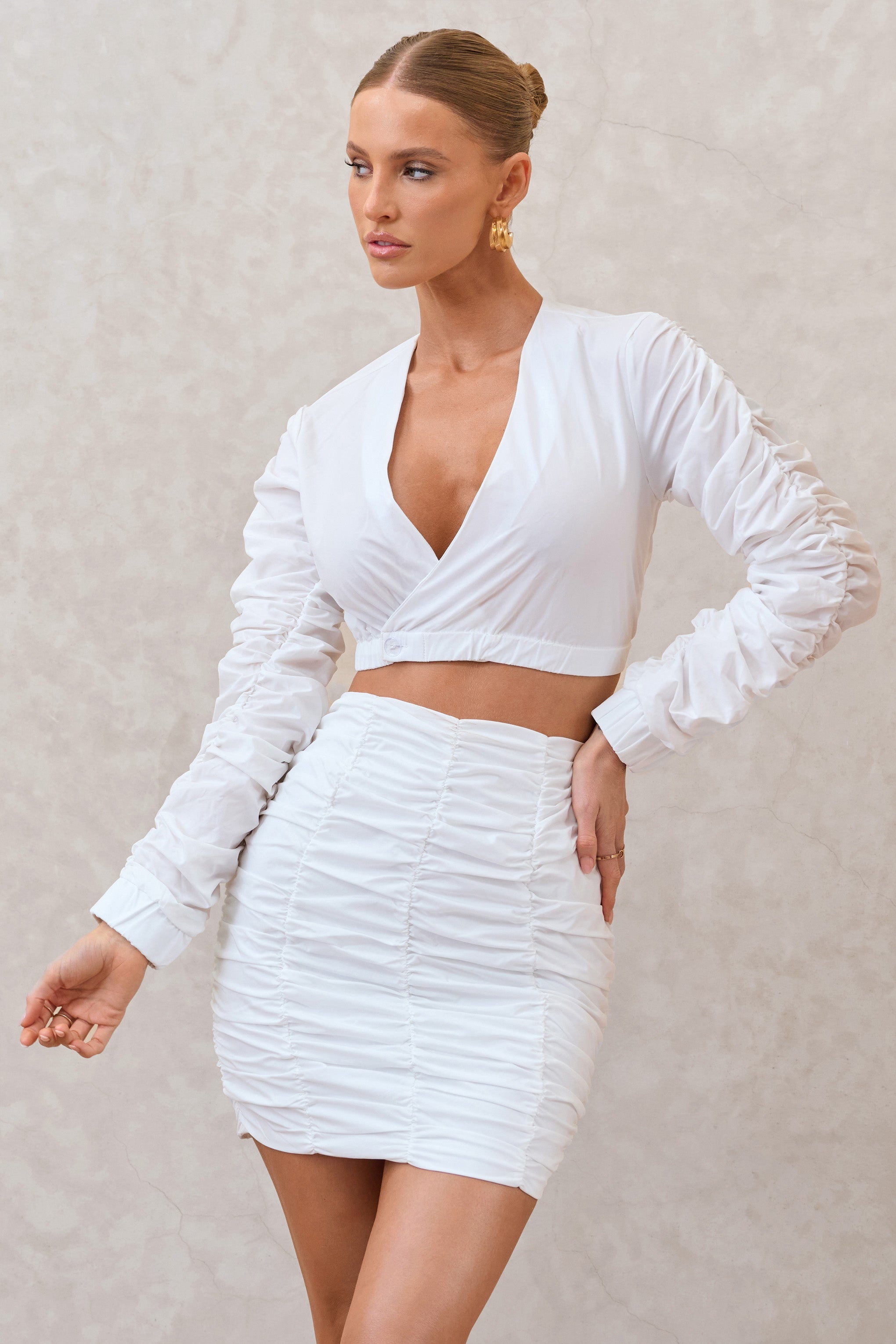 Seraphine London™ | White Ruched Sleeve Wrap Detail Cropped Shirt