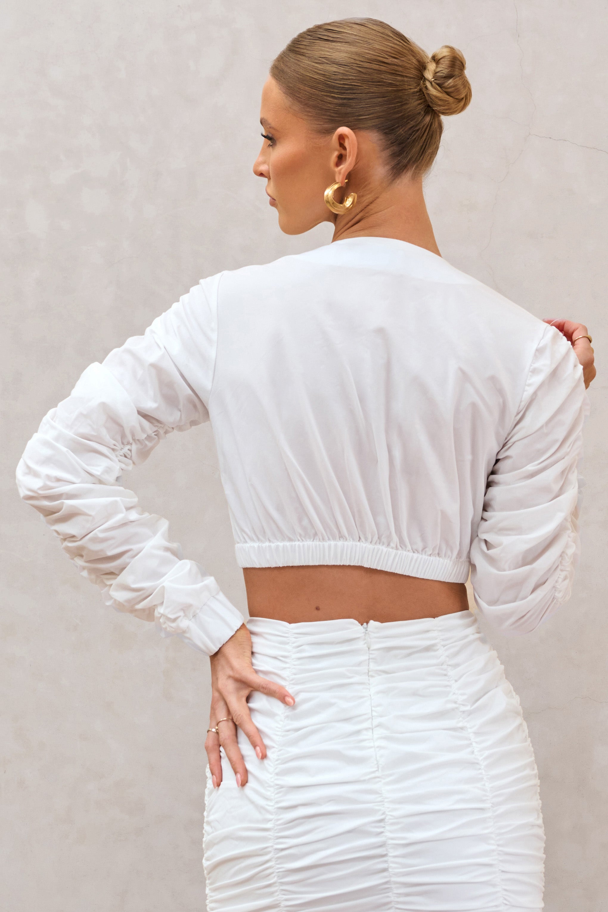 Seraphine London™ | White Ruched Sleeve Wrap Detail Cropped Shirt
