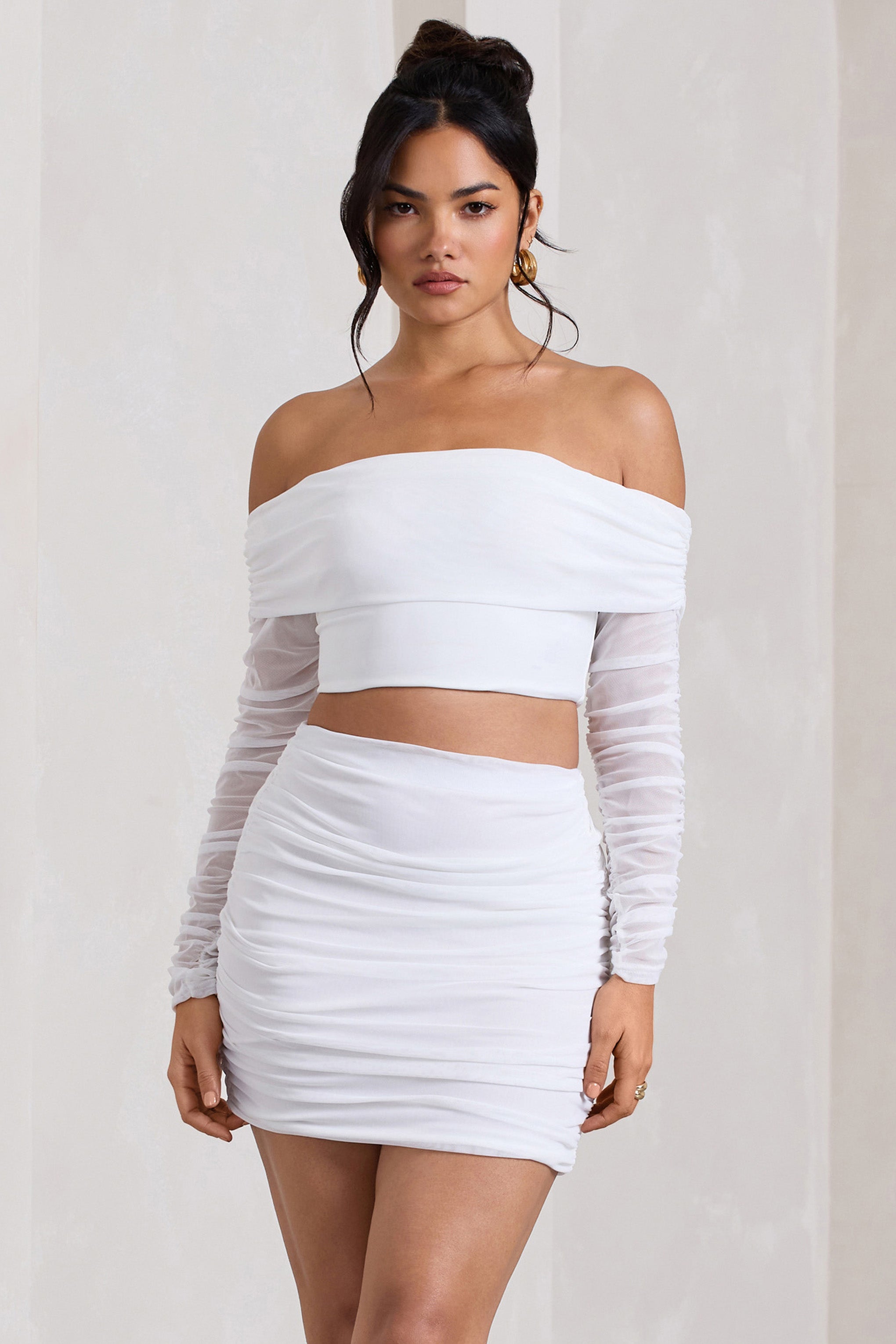 Seraphine London™ | White Ruched Mesh Bardot Crop Top