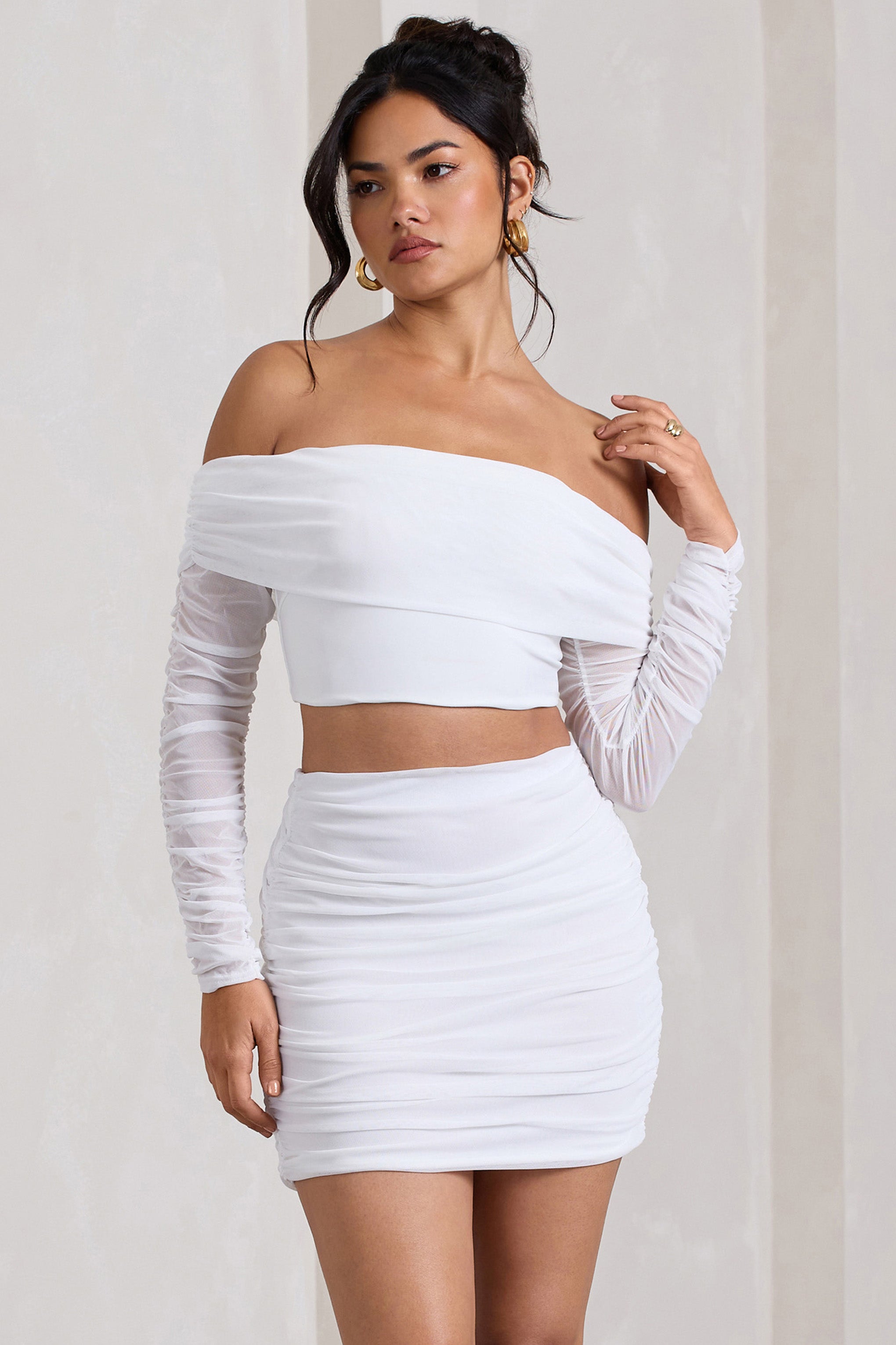 Seraphine London™ | White Ruched Mesh Bardot Crop Top