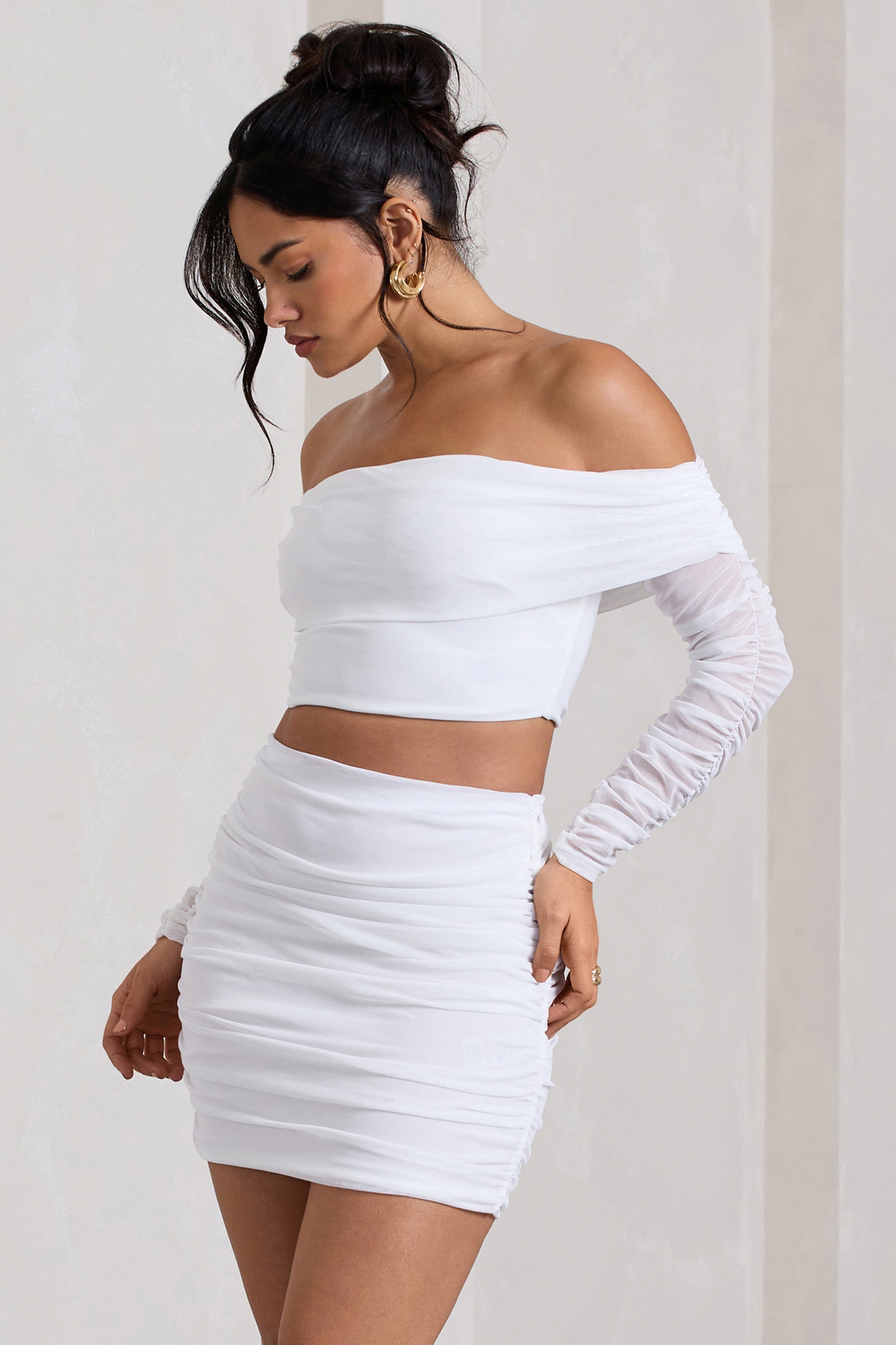 Seraphine London™ | White Ruched Mesh Bardot Crop Top