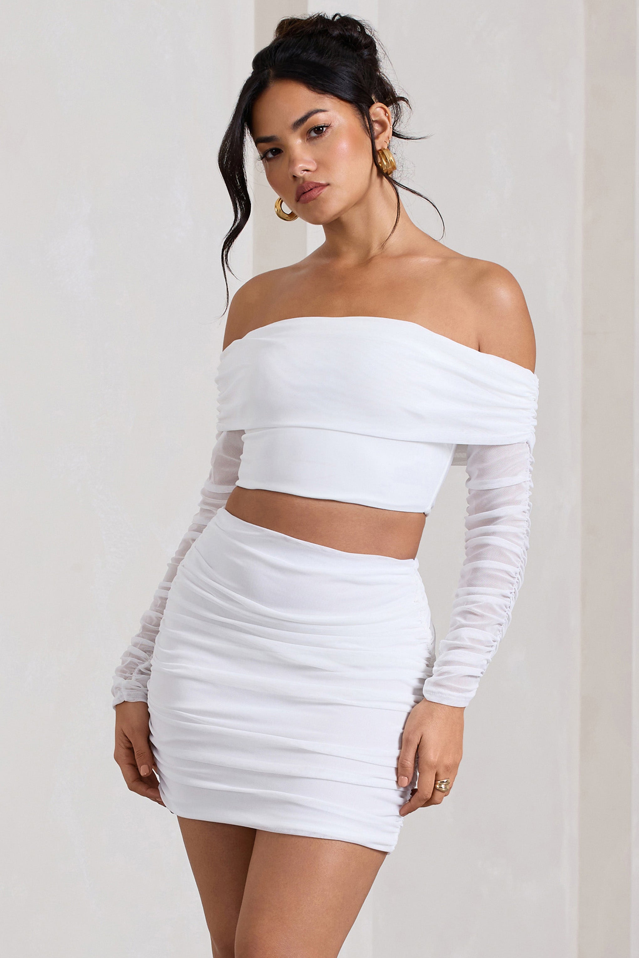 Seraphine London™ | White Ruched Mesh Bardot Crop Top