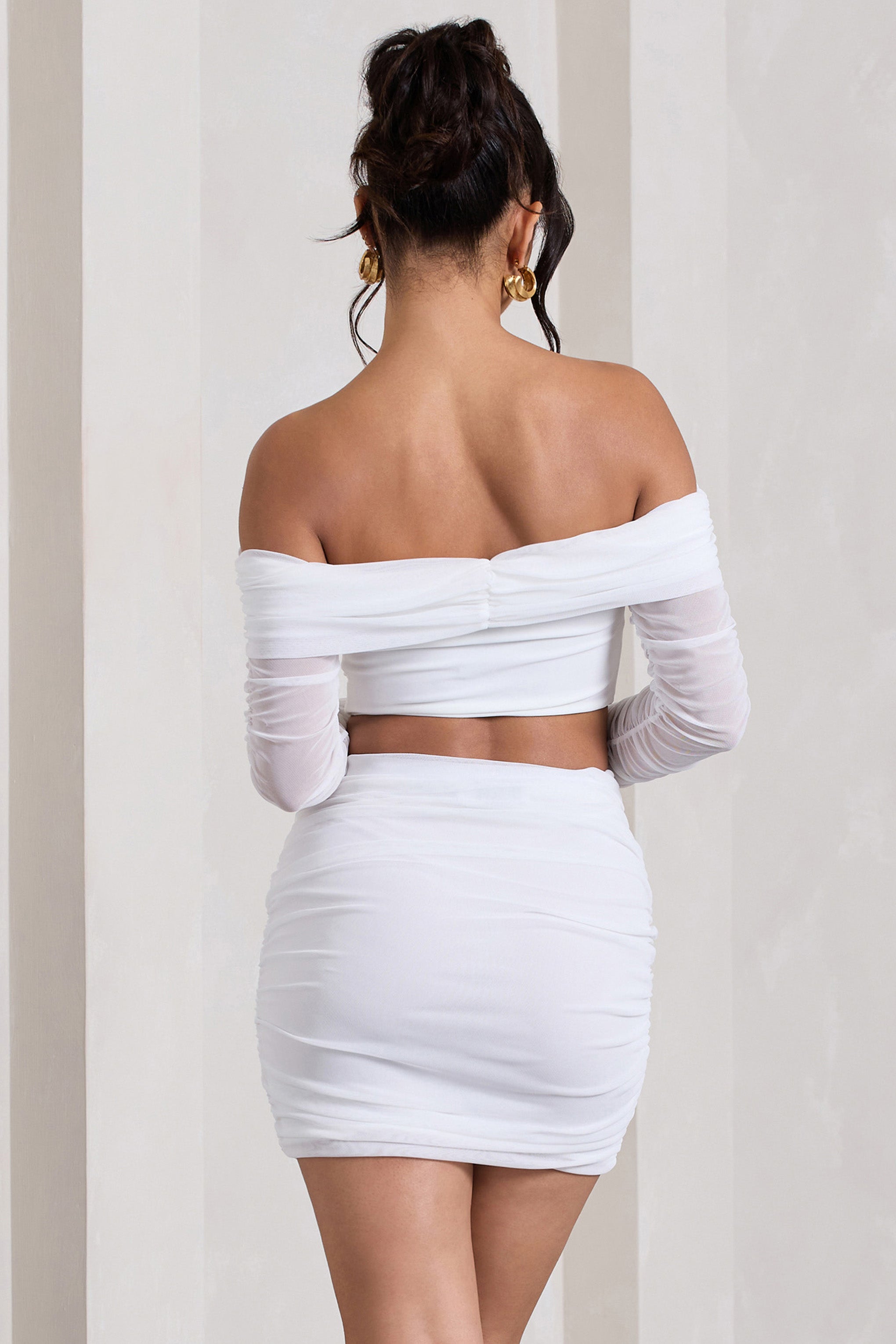 Seraphine London™ | White Ruched Mesh Bardot Crop Top