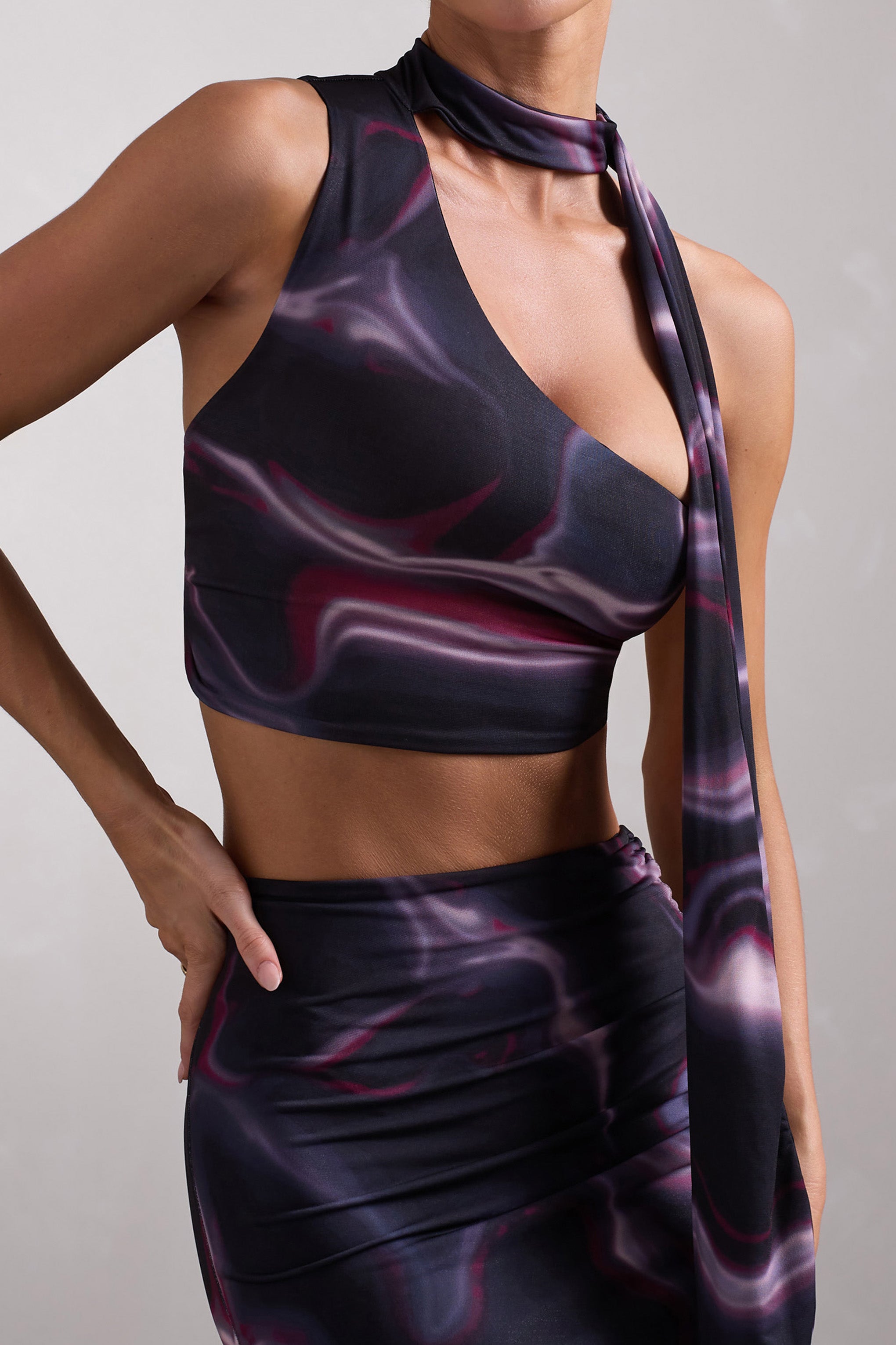 Seraphine London™ | Black Printed One-Shoulder Crop Top