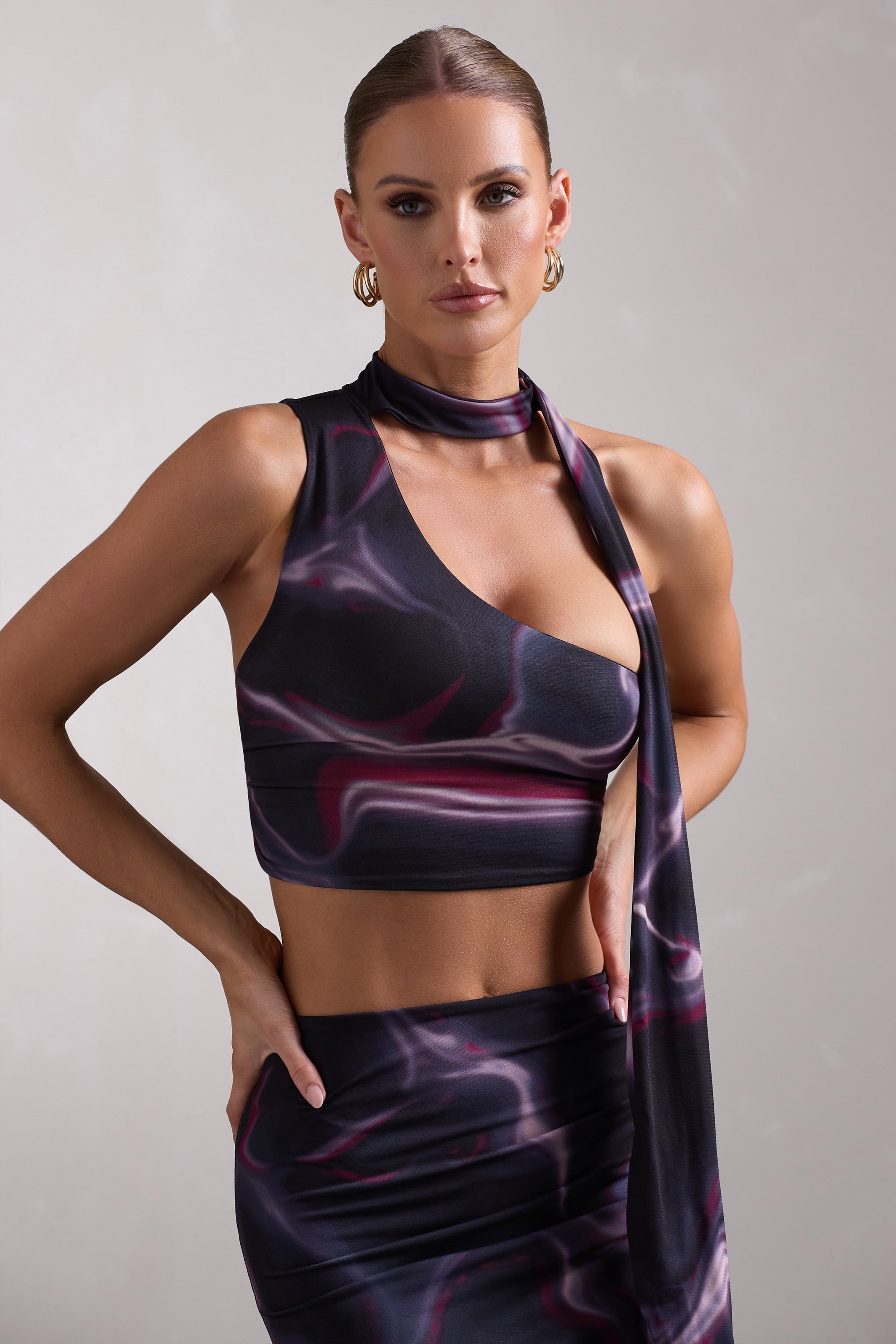 Seraphine London™ | Black Printed One-Shoulder Crop Top