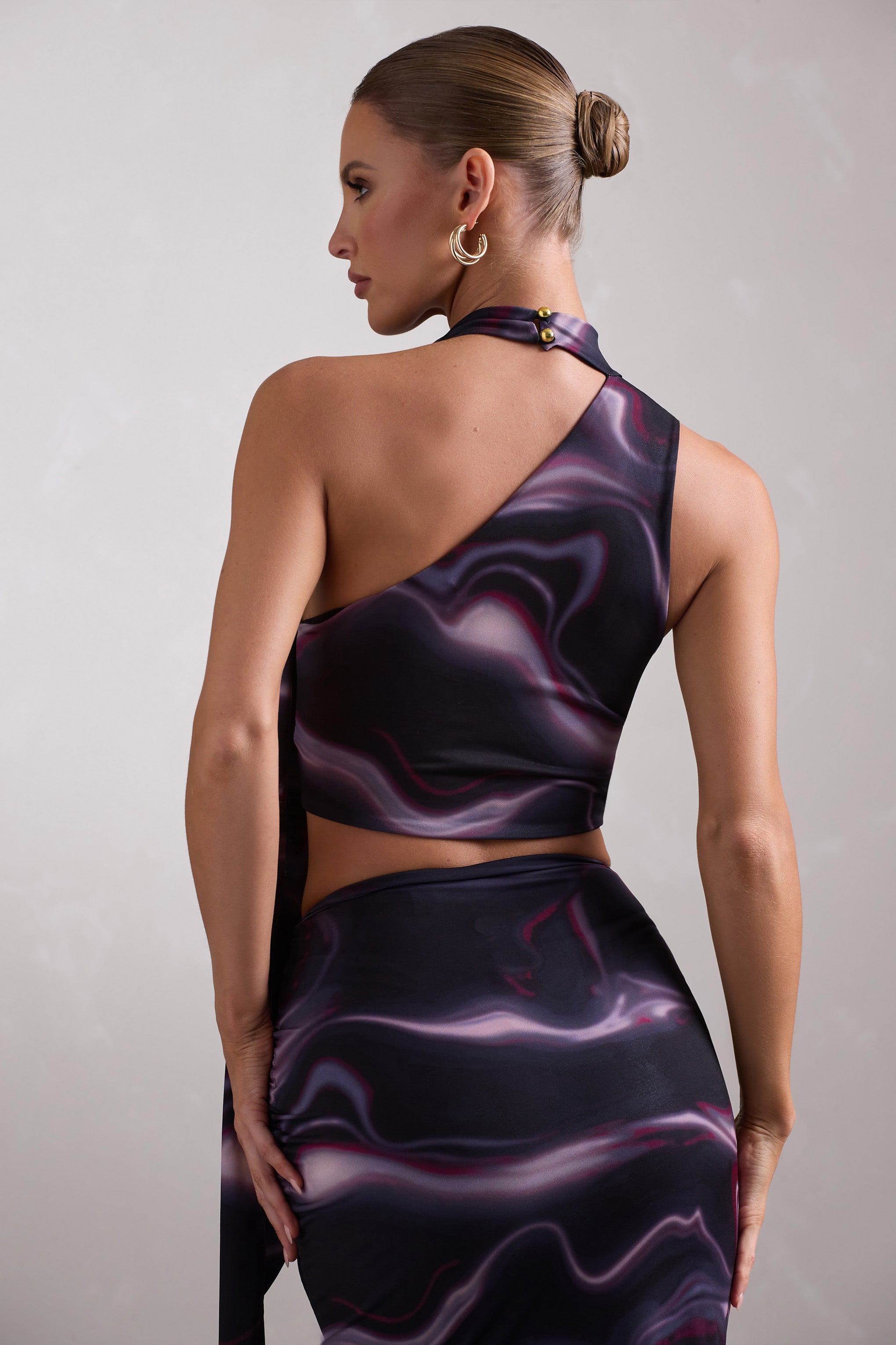 Seraphine London™ | Black Printed One-Shoulder Crop Top