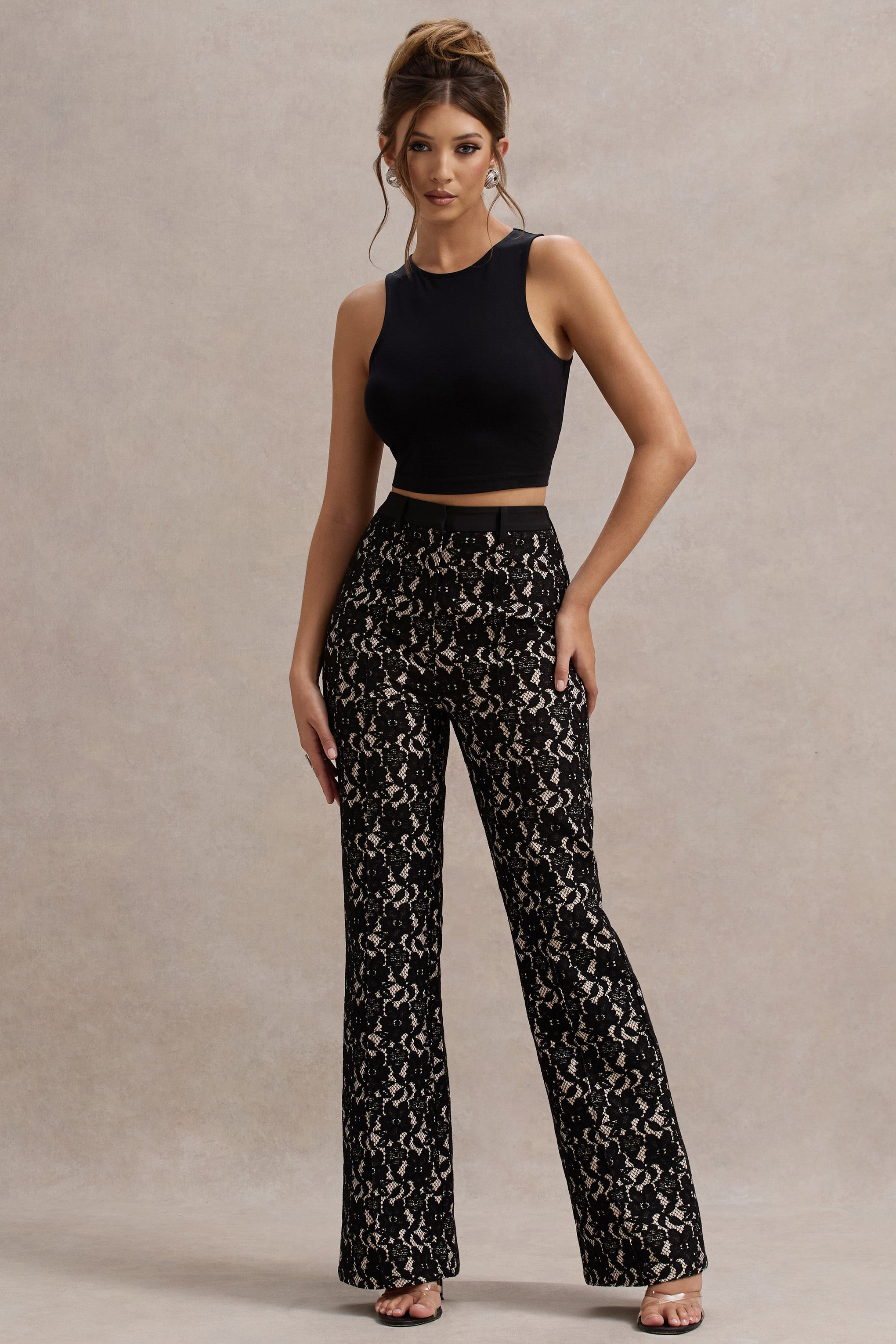 Seraphine London™ | Black Lace Flared-Leg Trousers