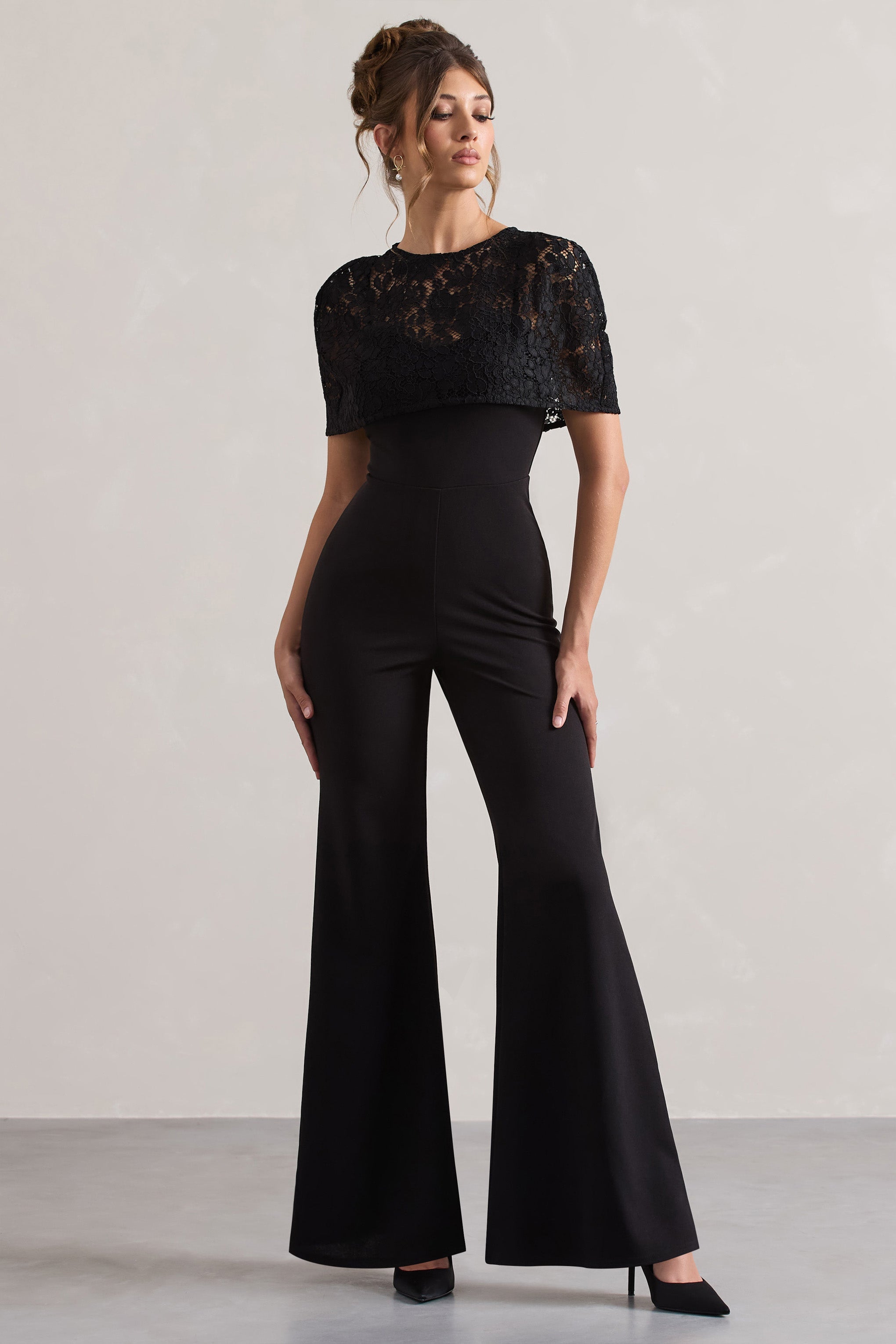 Seraphine London™ | Black Flared-Leg Jumpsuit With Lace Overlay