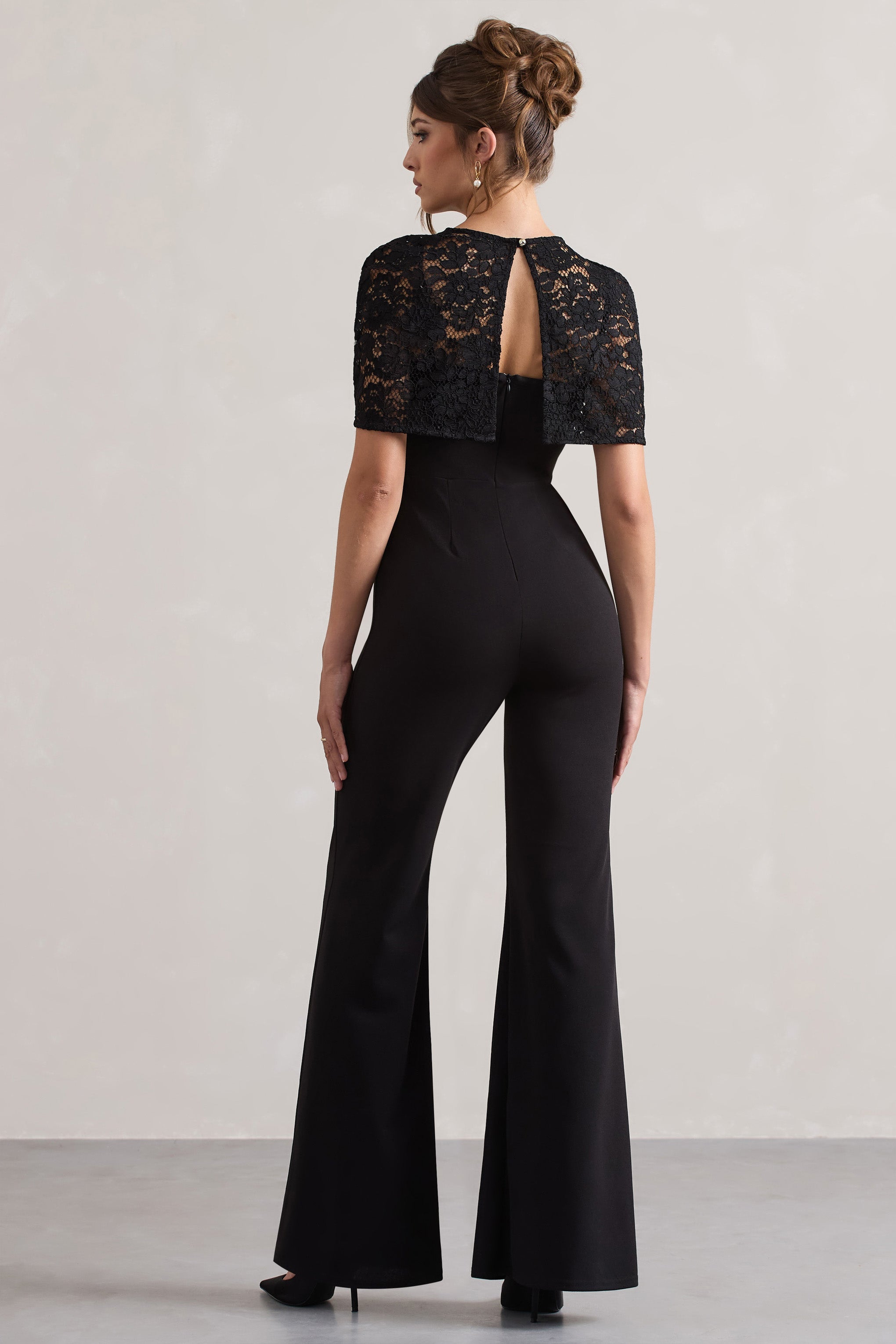 Seraphine London™ | Black Flared-Leg Jumpsuit With Lace Overlay