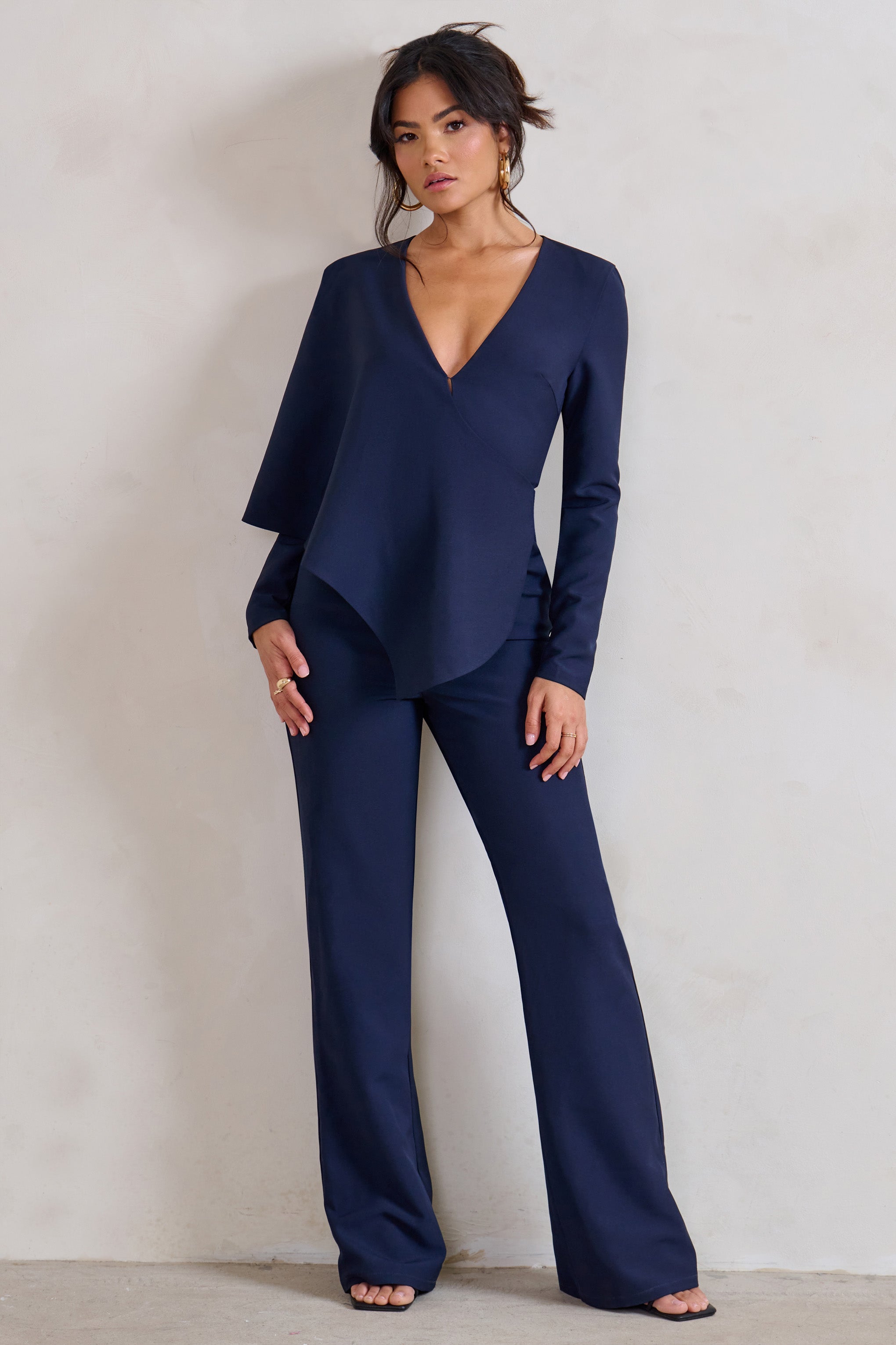 Seraphine London™ | Navy Plunge Jumpsuit with One-Shoulder Cape