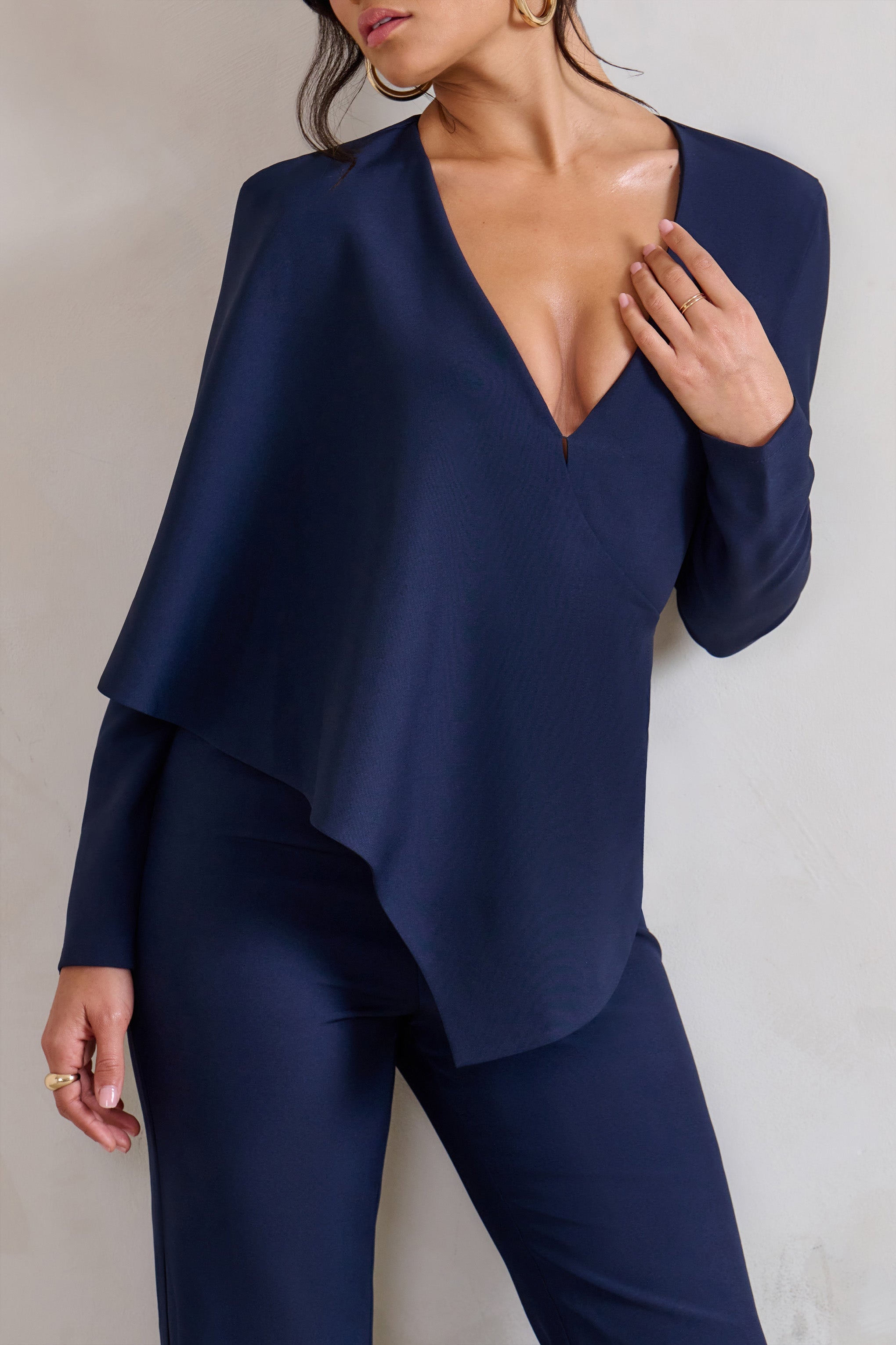 Seraphine London™ | Navy Plunge Jumpsuit with One-Shoulder Cape