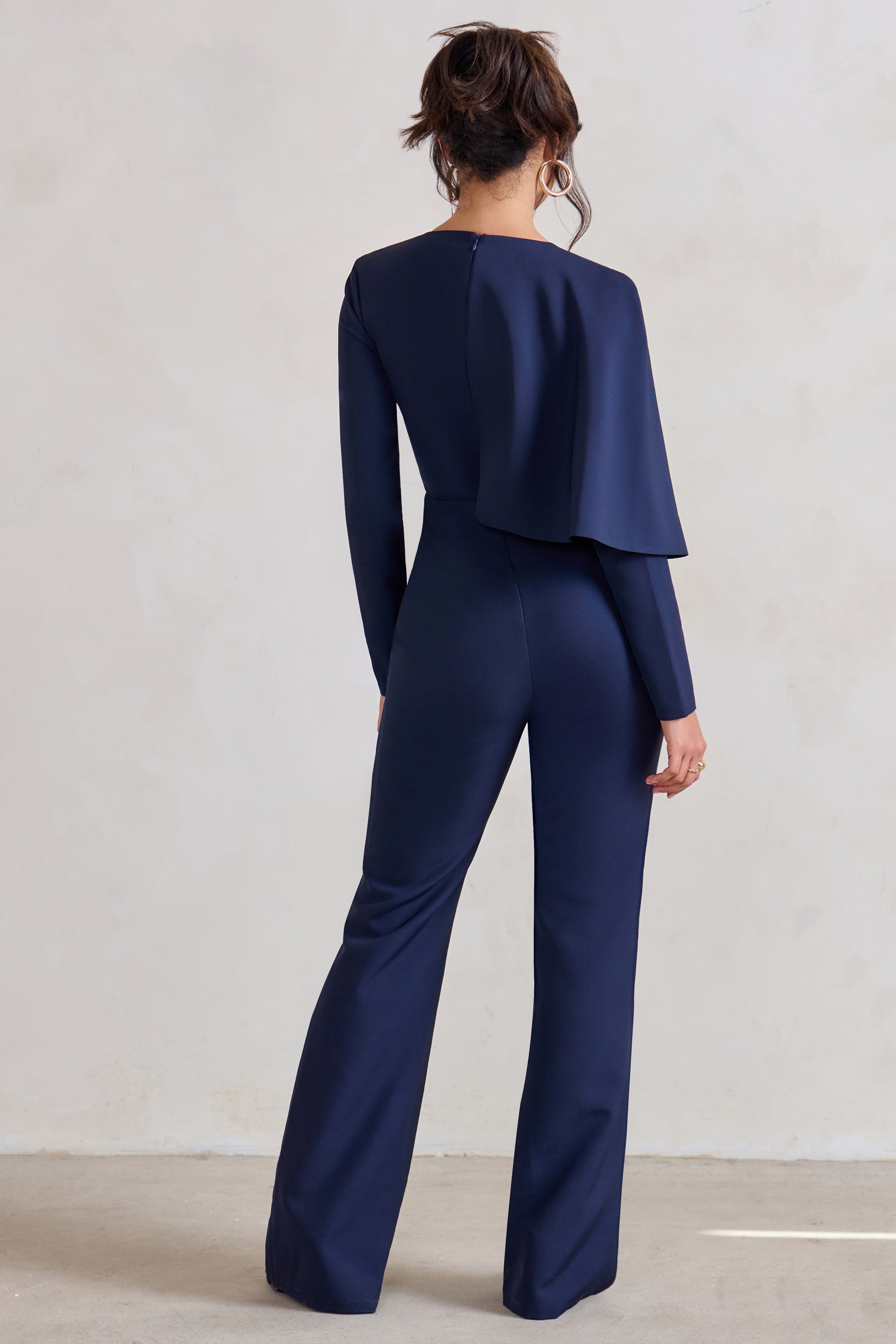 Seraphine London™ | Navy Plunge Jumpsuit with One-Shoulder Cape